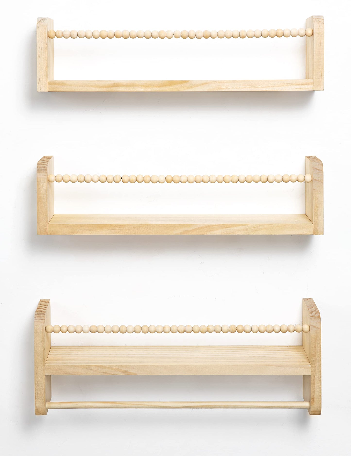 Maxpeuvon Nursery Floating Shelves for Wall, Set of 3 Book Shelves Natural Wood Wall Mounted Organizer with Towel Bar Hanging Bookshelves Nursery Decor for Kids Room, Bedroom and Kitchen