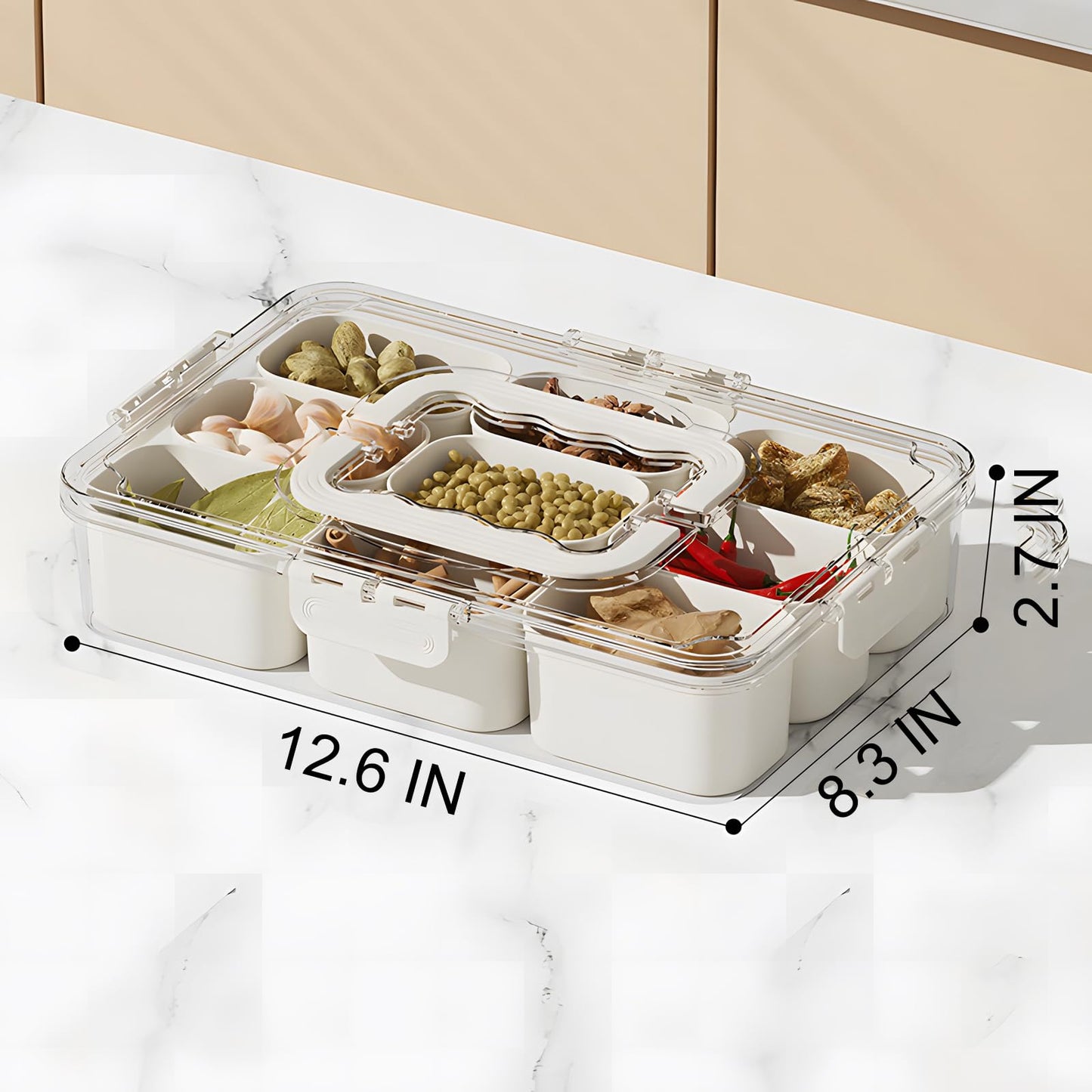 Divided Serving Tray with Lid and Handle - 9 Compartment Snack Box Container Portable Storage Organizer Container for Fruit, Candy, Veggie, Nuts, Spices& Snacks, Perfect for Party, Travel& Picnic