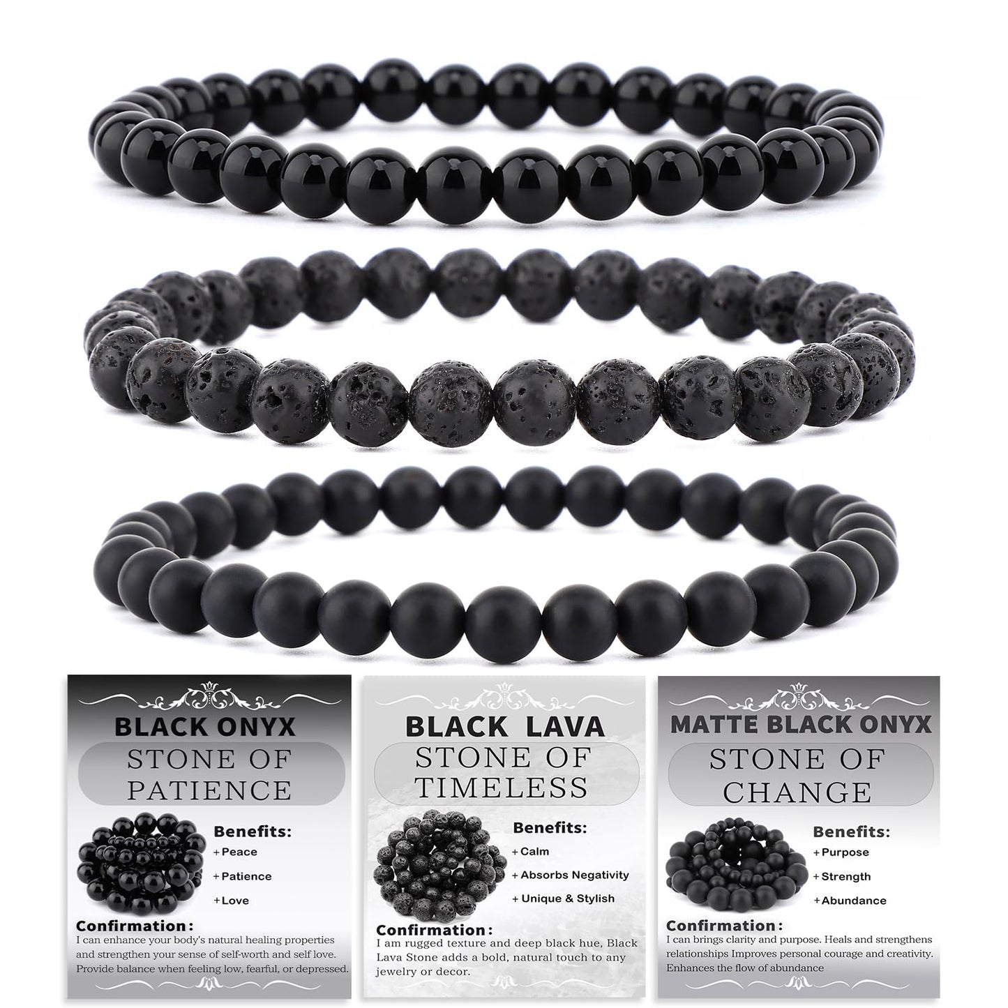 NCB 3-Piece 6mm Natural Crystal Gemstone Stretch Bracelets – ﻿Black Lava, Black Onyx, Matte Black Agate Handmade Reiki Energy Healing Jewelry for Meditation,Yoga, Unisex
