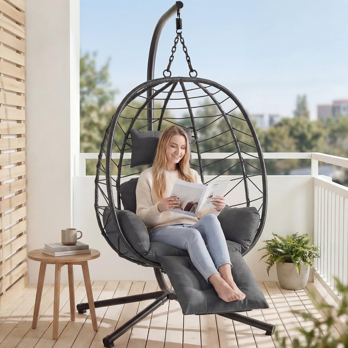 Wicker Egg Chair Outdoor, Hammock Chair with Footrest & Stand, Patio Swing with Cushion & Double Chains, Hanging Aluminum Alloy Steel Frame, 350LBS Capacity for Deck, Balcony, Grey