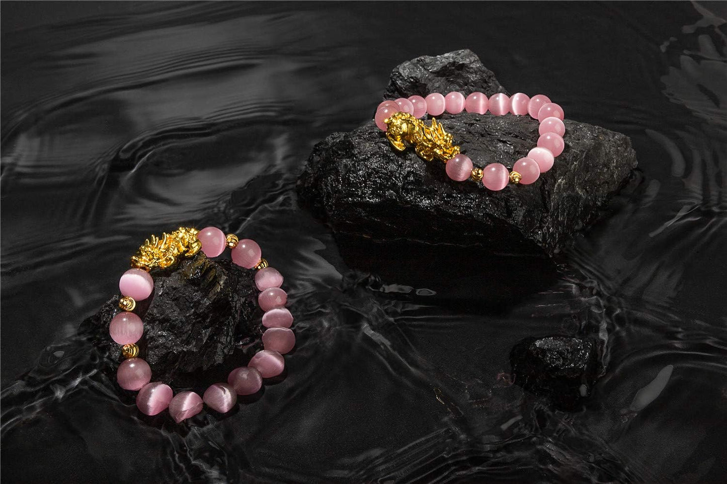 ZenBless Feng Shui Bracelet Cat Eye Bead Bracelet with Gold Plated Pi Xiu/Pi Yao Attract Wealth and Good Luck Amulet Gift(Pink L)