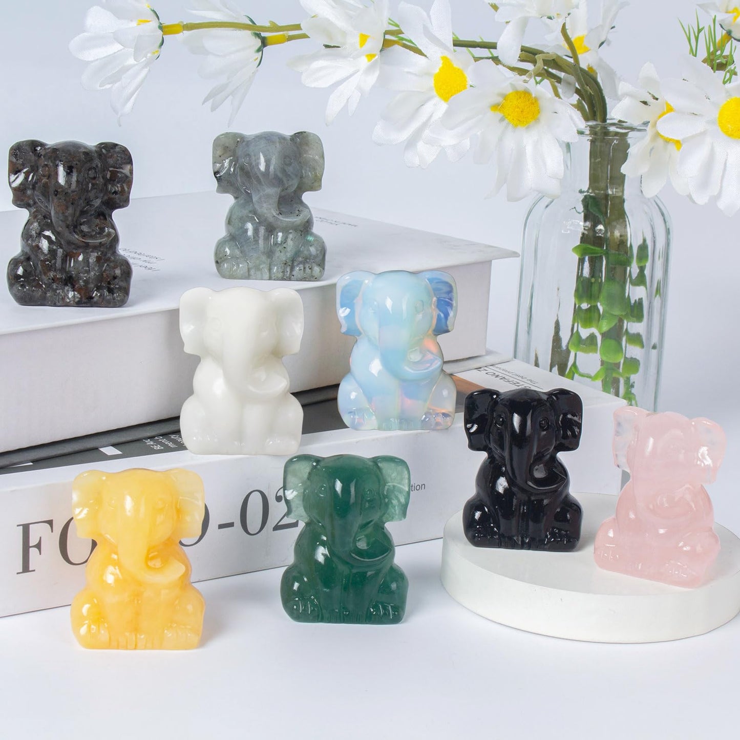 Ytbeoxk 2 Inch Crystal Elephant Decor Statues, White Jade Cute Sitting Elephant Figurines, Reiki Healing Crystal Carved Animal Statues, Home Office Desk Hand Carved Decor Gifts for Women