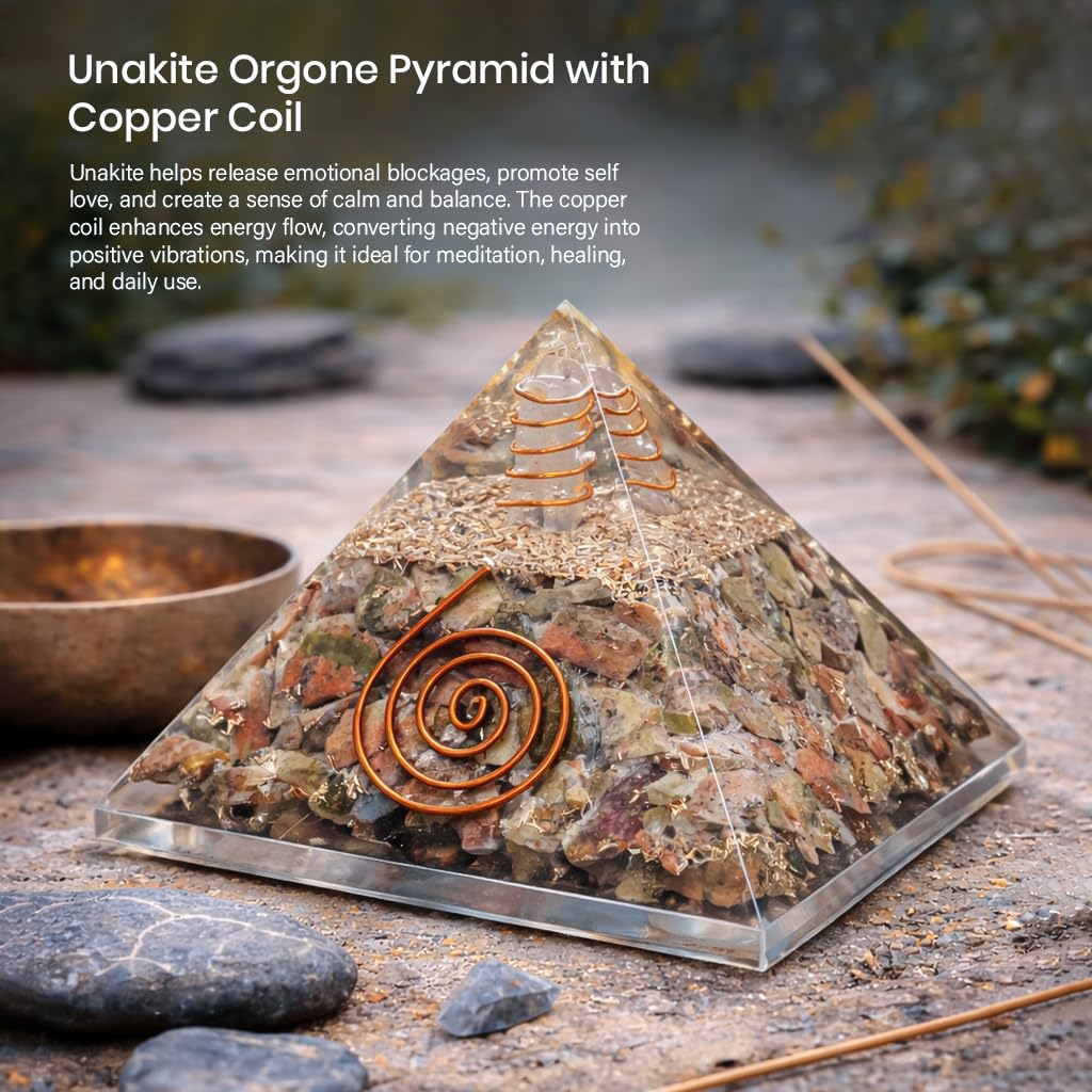 Crocon® Unakite Orgone Pyramid Healing Crystals Stone Orgonite Gemstone Pyramid Stones Reiki Crystal Good Luck Charms Meditation Chakra Organite Home Decor Spiritual Gifts Size 2.5 Inch App.