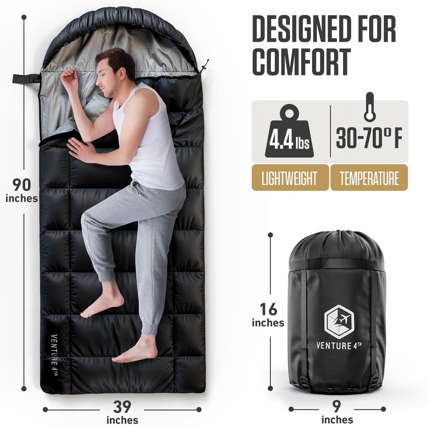 VENTURE 4TH 3-Season XXL Backpacking Sleeping Bag, Camping Sleeping Bags for Adults & Kids - Lightweight, Comfortable, Water Resistant, Ideal for Hiking, Camping & Outdoor - Black