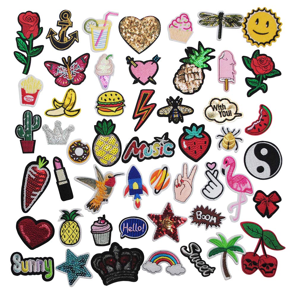 Niangzisewing Mix Lots Bulk 50pcs Iron on Patches sew on Patches Craft Embroidery Patch Motif Clothes Jackets Hats Backpacks Jeans Kids Butterfly Hearts (Mix, from 1" to 3")