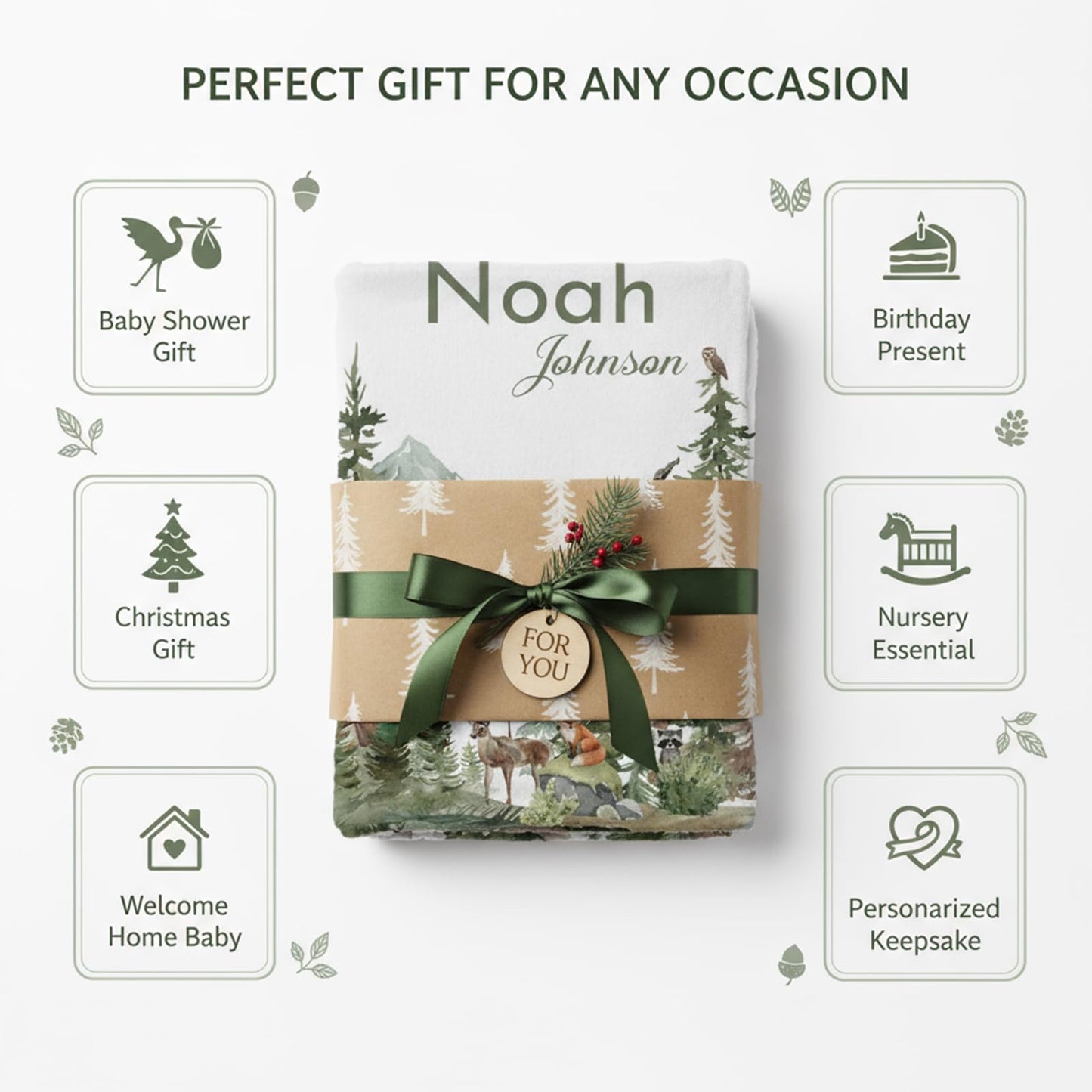 Personalized Woodland Baby Blanket with Name, Custom Name Blanket for Boy, Printed in USA, Super Soft Blankets for Newborn, Customized Gifts for Baby Shower Birthday Christmas