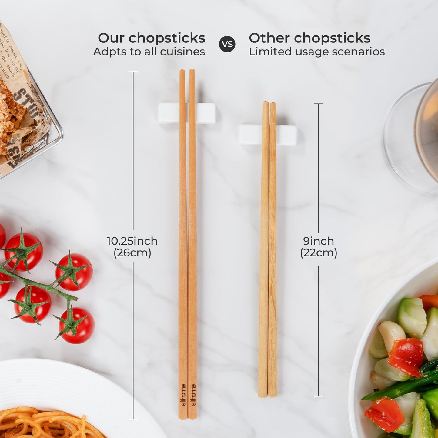 Elihome Premium Wood Fiber Chopsticks, Dishwasher Safe, Heat Resistant, Reusable Japanese Chinese Chopsticks, 26cm/10.25inch, Natural, 10 Pair