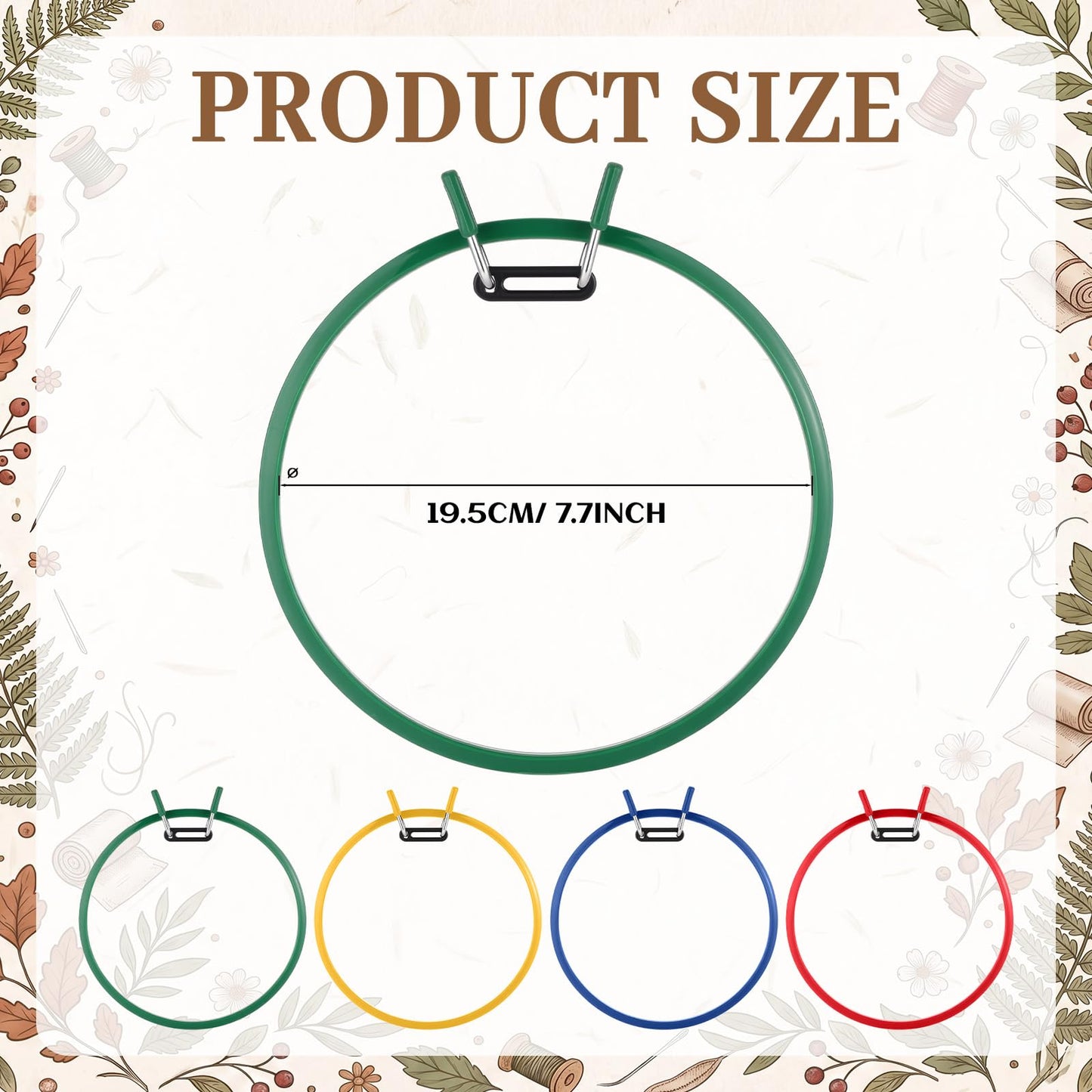 ElaraBerry 4 Pcs 7.7" Metal Spring Tension Embroidery Hoops Red Yellow Blue Green No-Slip Cross Stitch Hoop Circle Round Embroidery Tension Shed for Cross Stitch Needlework Sewing Craft Projects