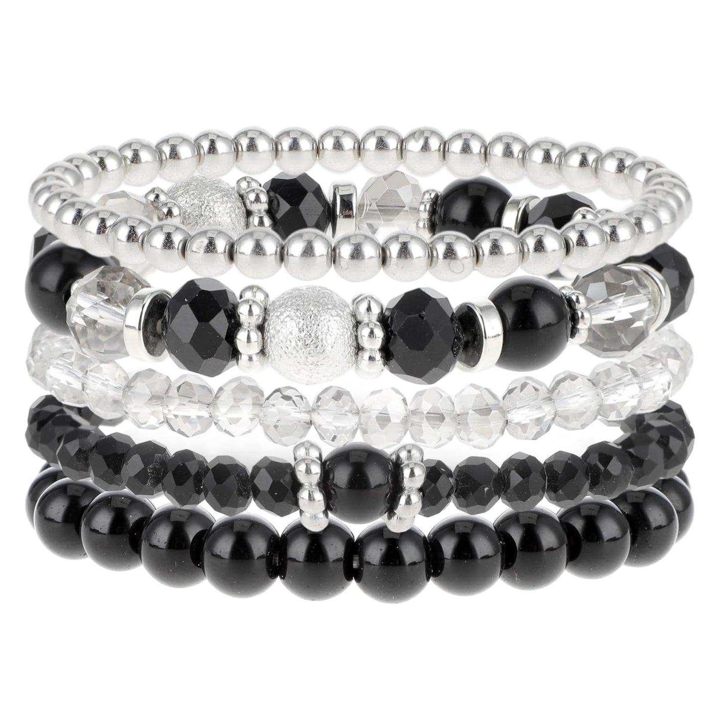 5 Pcs Beaded Stretch Bracelets Black Stackable Bracelets Crystal Bead Bracelet Boho Beaded Bracelets Stretch Layering Crystal Stone Beaded Bracelets Trendy Costume Jewelry Gifts for Women