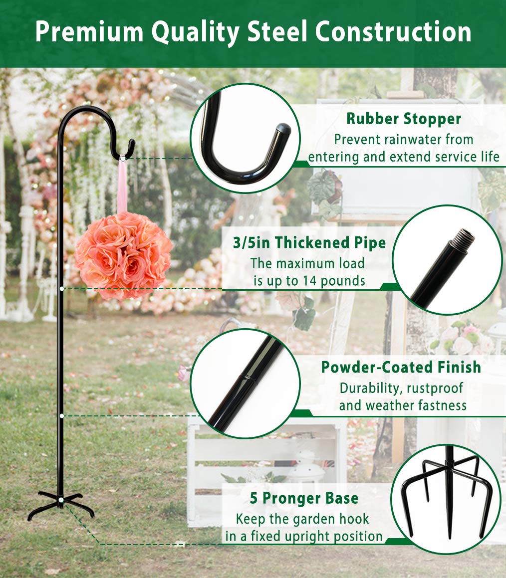 Artibear Adjustable Outdoor Shepherd Hook Stand with 5 Prong Base, 60 Inches Tall 3/5 in Thick, Shiny Black (2 Packs)