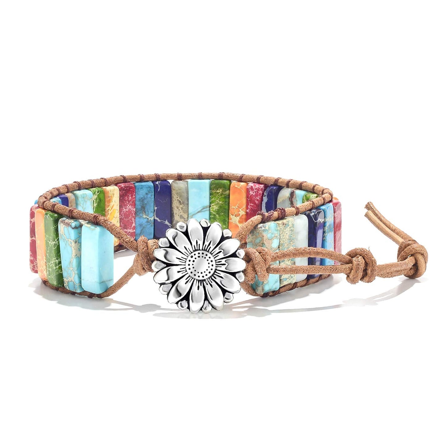 Fashion Gemstone Handmade Jewelry Multicolor Yoga Friendship Boho Leather Rectangle Stone Healing Sunflower Button Wrap Bracelet
