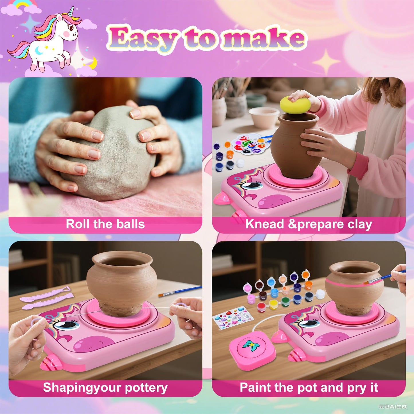 Pottery Wheel for Kids, Girls Arts and Crafts Toys for Kids Ages 8-12,Pottery Craft Kit with 3 Pack Air-Dry Clay, Art Supplies for Kids Toys Girls Birthday Gift for 6 7 8 9 10 11 12+