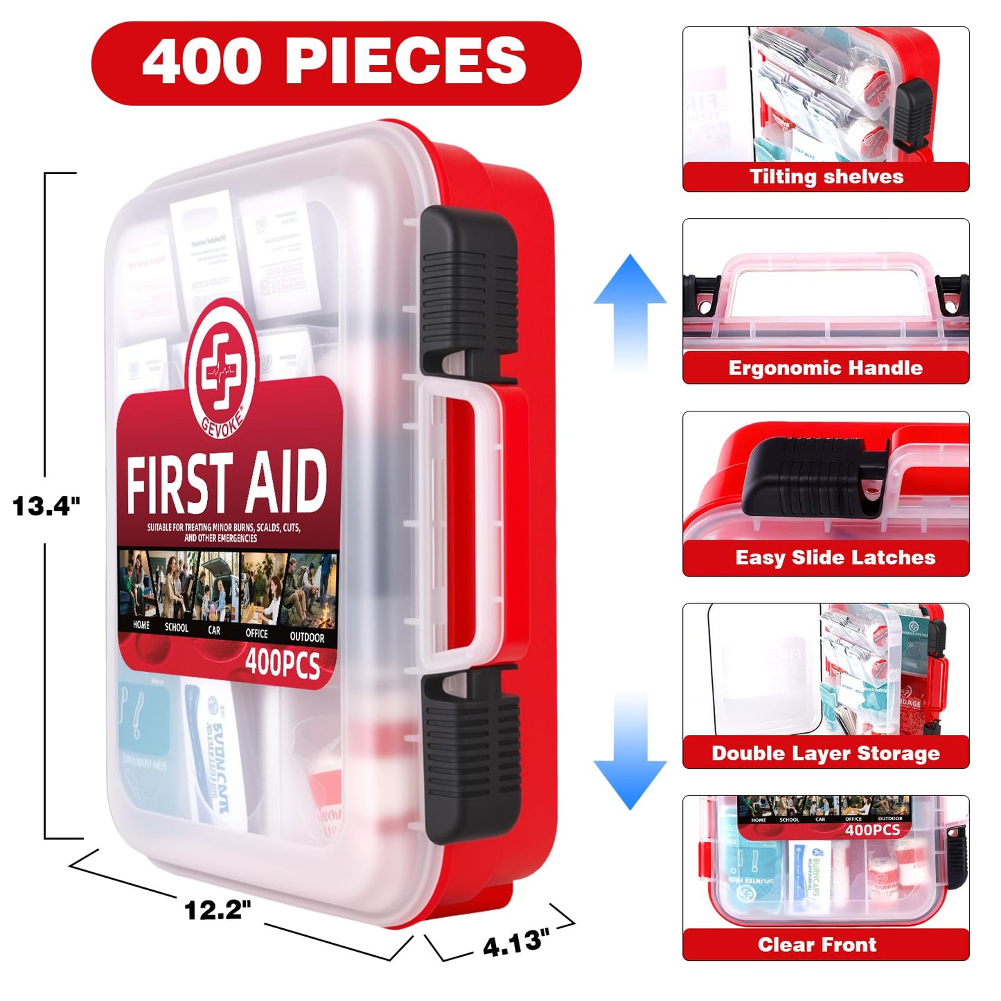 Gevoke 400 Piece First Aid Kit - Organized Dual-Layer Wall-Mountable Hard Case Medical Kit for Home, Car, Camping, Travel, Hiking, Truck, Office, Sports, Vehicle & Outdoor Emergencies