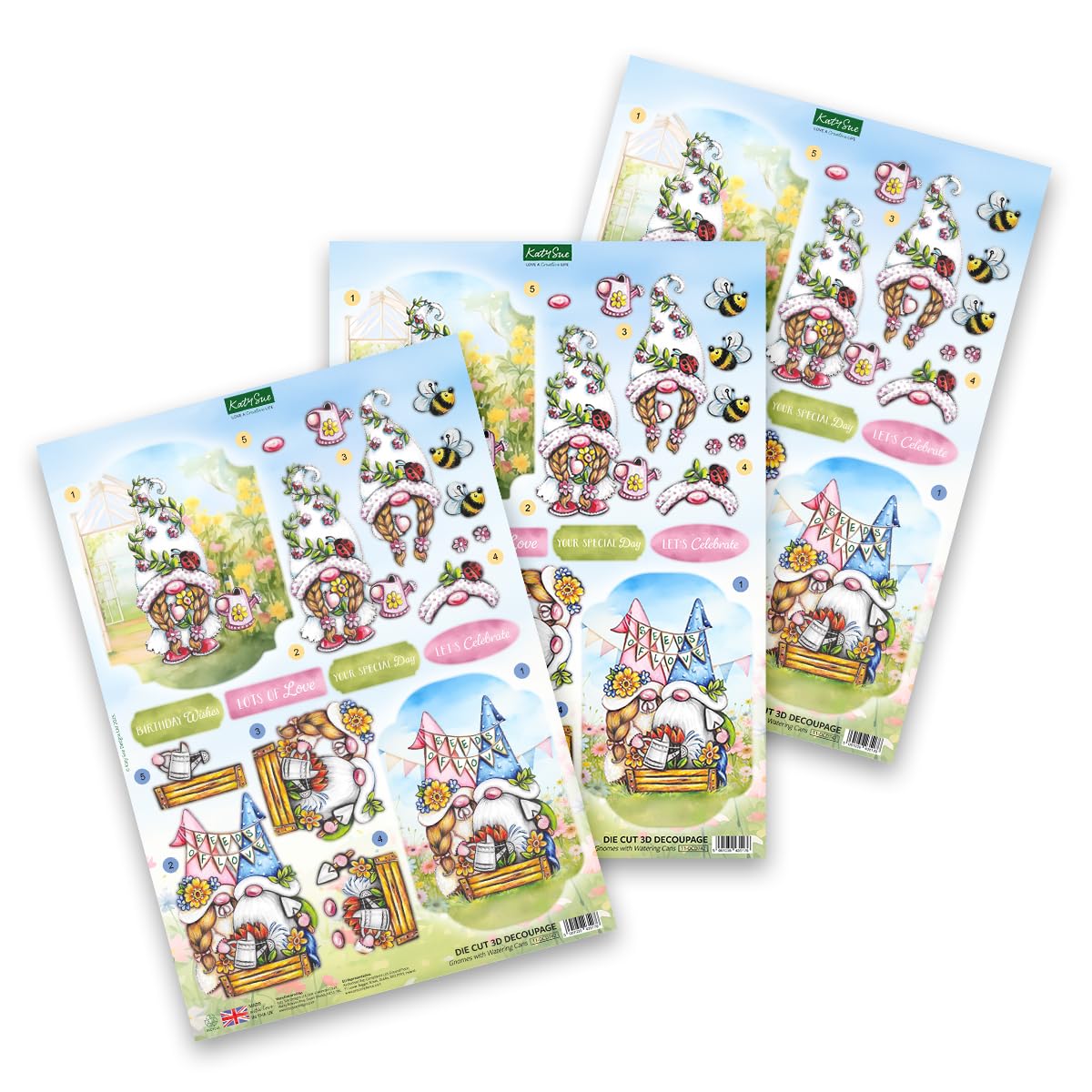 Katy Sue Garden Gnomes Die-Cut Decoupage Pack. 12 Sheets of Gnome, Gonk & Garden-Themed Die Cuts for Card Making Supplies with Sentiments & Card Toppers on 150 GSM Paper. UK-Made.