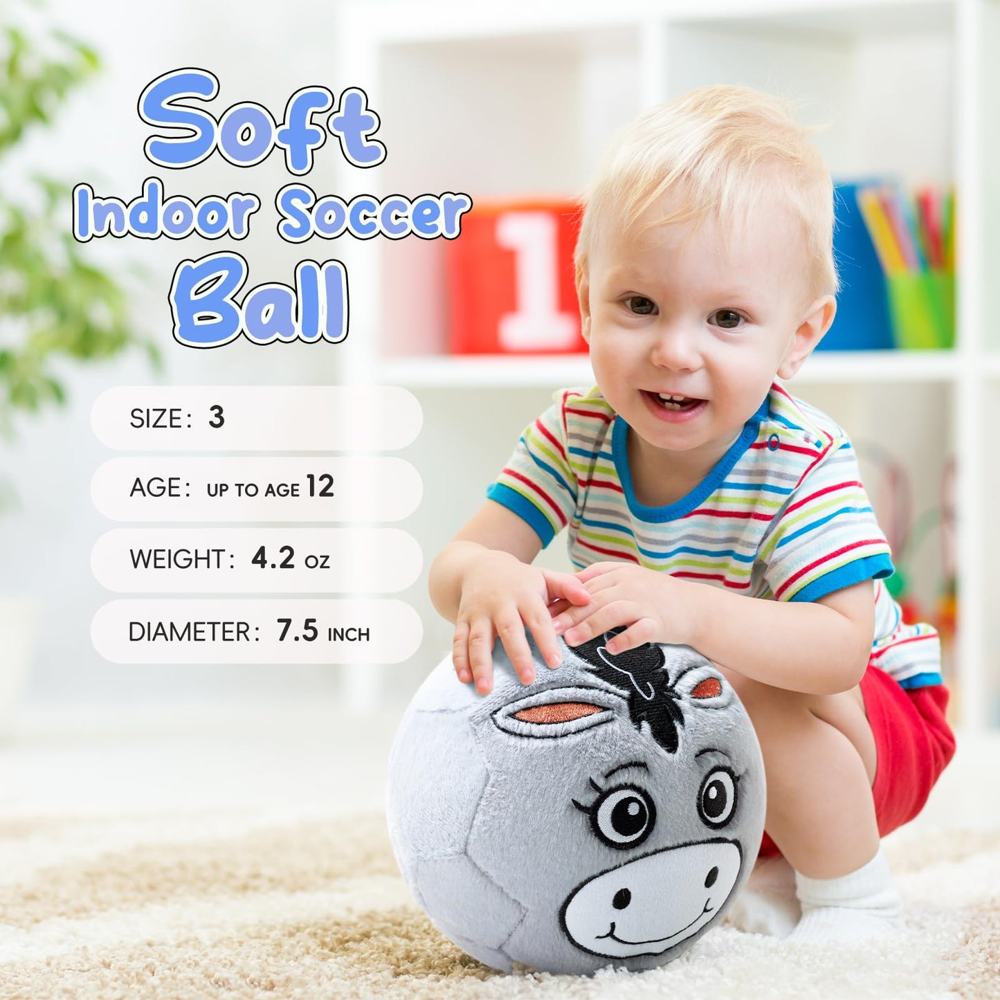 VangeBow Silent Indoor Soccer Balls for Toddlers 1-3, Inflatable Soft Plush Baby Toddler Soccer Ball Toys Gifts for 1 2 3 4 5 Year Old Boy Girl First Birthday Gift (Donkey, Pump Include)