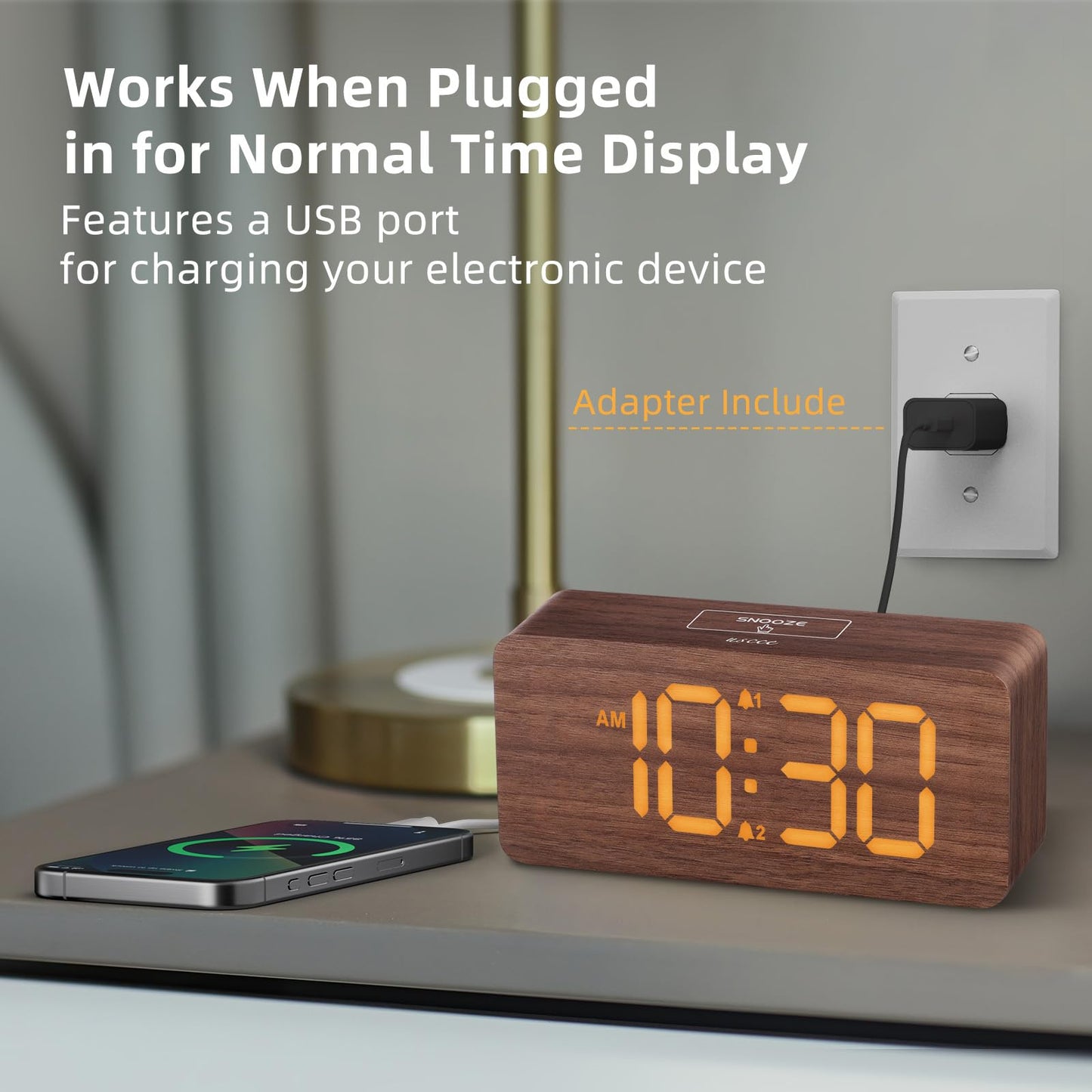 uscce Wooden Digital Alarm Clocks for Bedrooms: Dimmable Dual Alarm Clock with Large Numbers for Bedside Desk - Loud Alarm for Heavy Sleepers with Volume Control - Wood Decor & Gifts