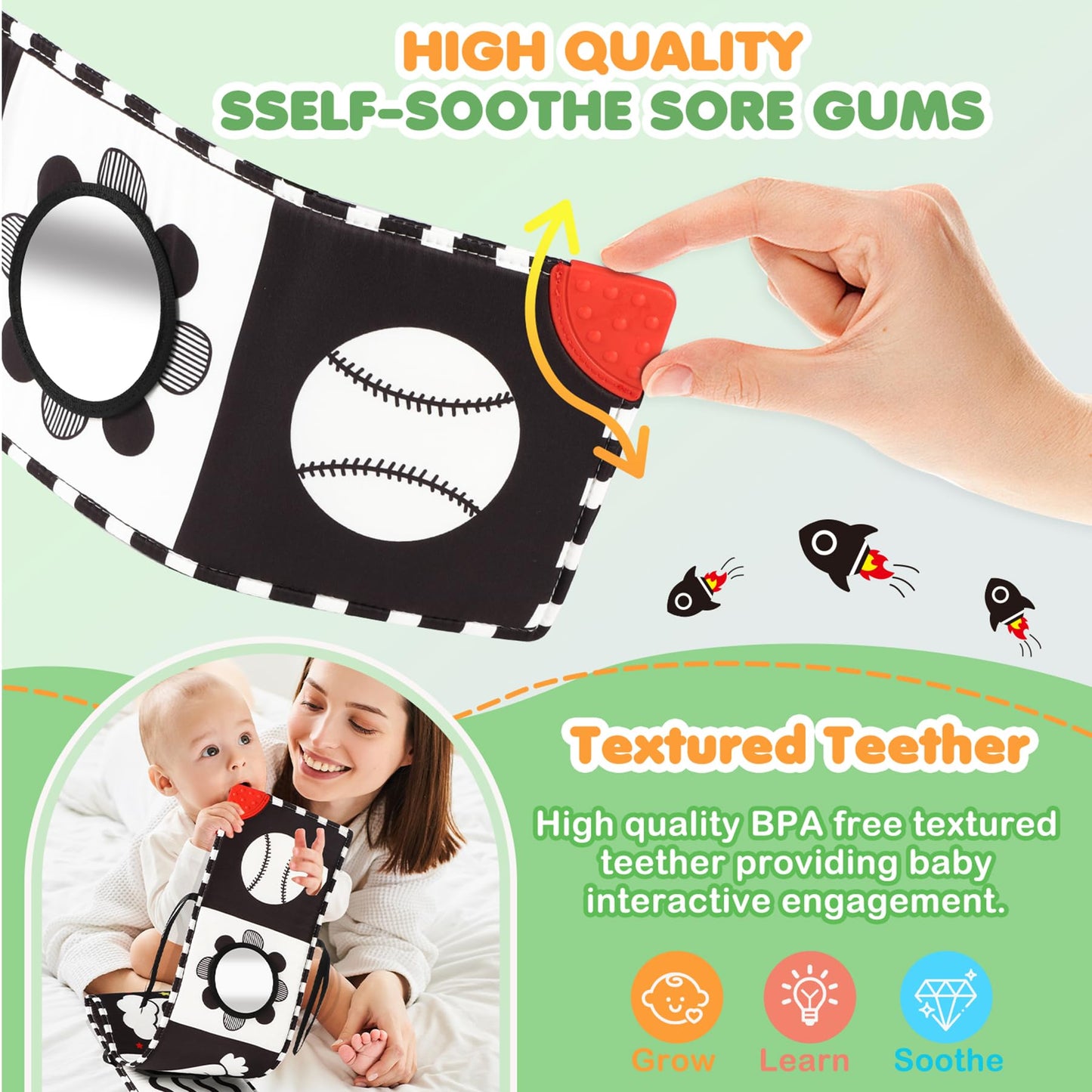 BBWOO High Contrast Baby Toys for Newborn, Tummy Time Mirror, Black and White Baby Toy for 0-6 Months, Soft Montessori Visual Stimulation Infant Book, Boy Girl Shower Gift