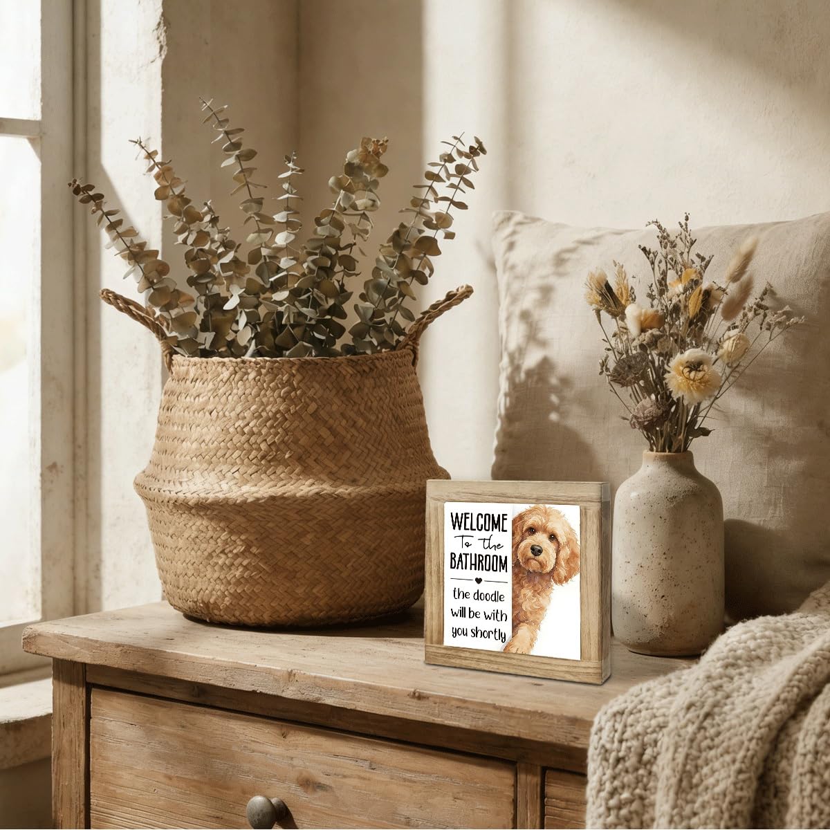 Welcome to The Bathroom A Dog Will be with You Sign, Funny Bathroom Decor, Interesting Wood Decoration for Restroom, Indoor Bathrooms Toilet Wood Box Sign, Gifts for Dog Lovers