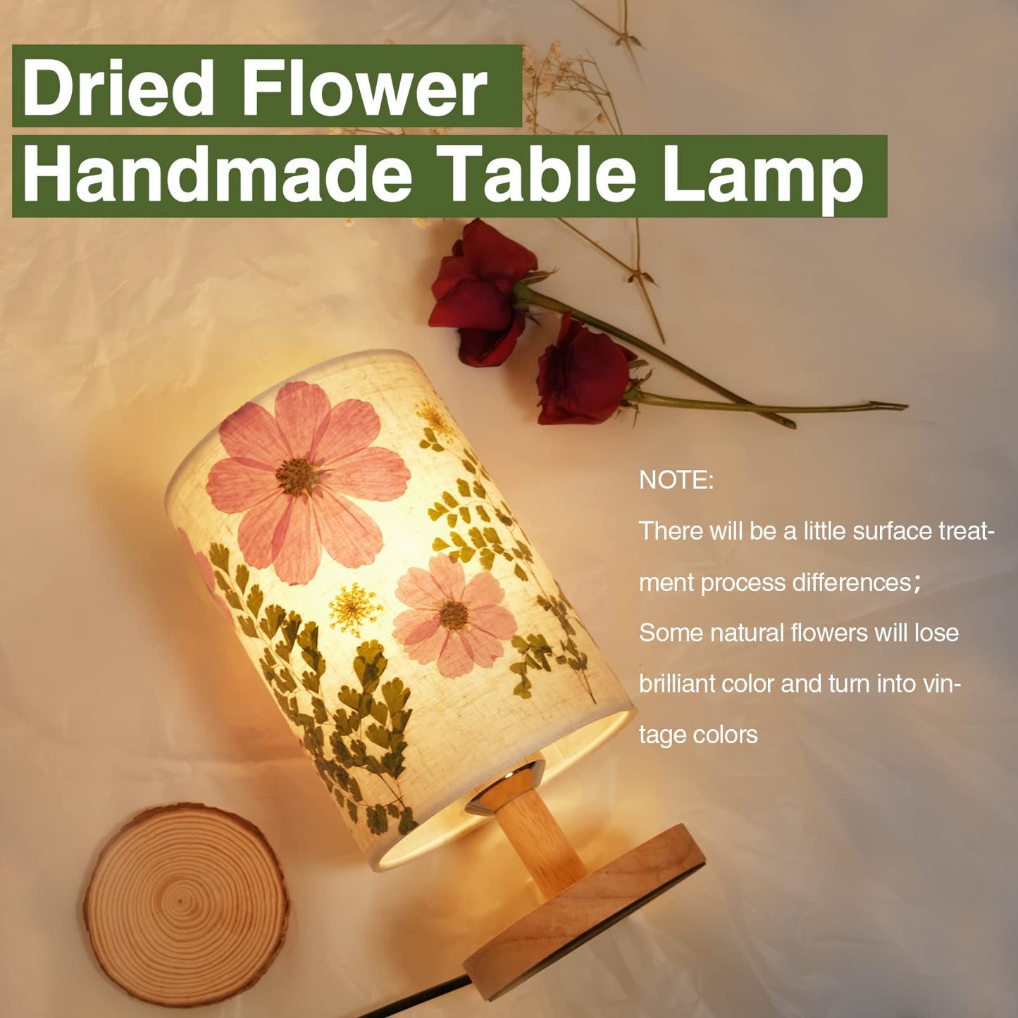 Floresita Dried Flowers Small Table Lamp 5W LED 3-Color Bedside Lamp Pressed Flowers Lampshade with Wood Base for Bedroom Living Room Desk Nursery