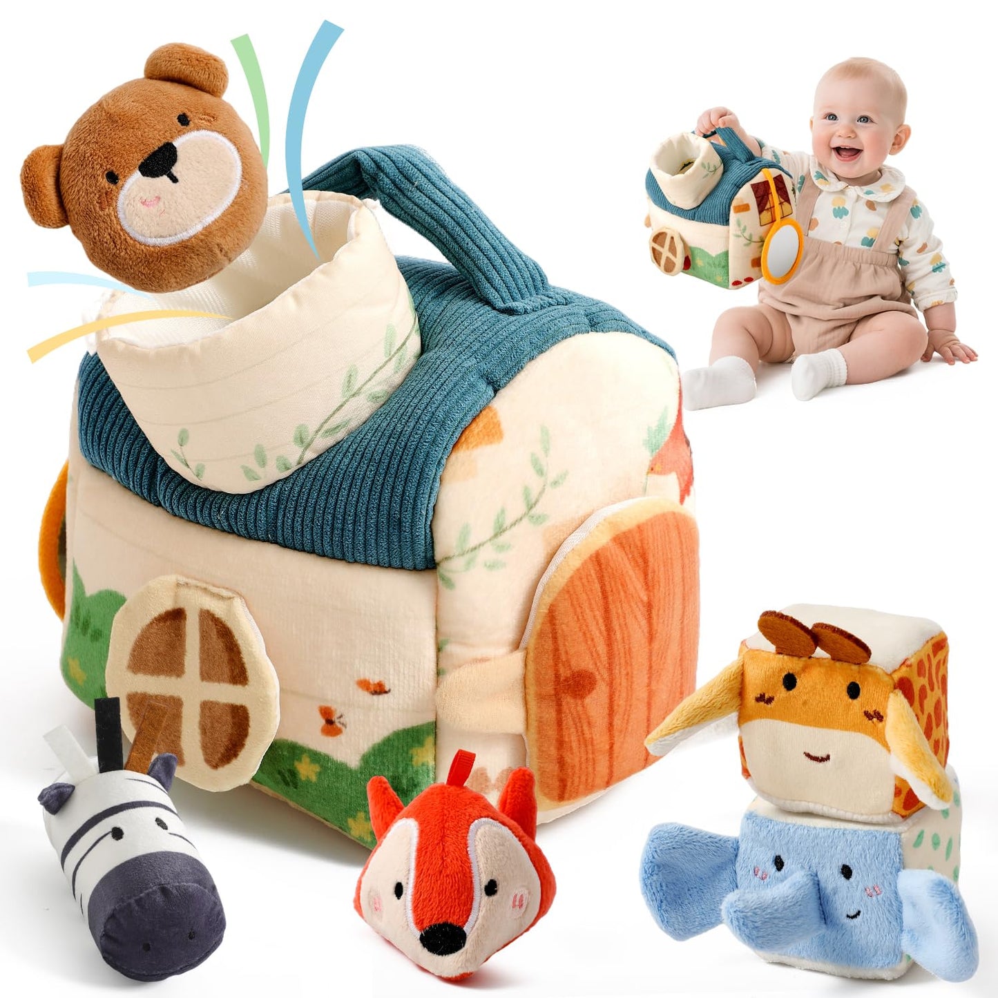 let's make Baby Toys 6-12 Months First Forest Animal Set Soft Barn playset with 5 Stuffed Woodland Animals, Rattle Crinkle Mirror Sensory Montessori Travel Toy Gift for Babies Boy Girl Toddlers 1-3