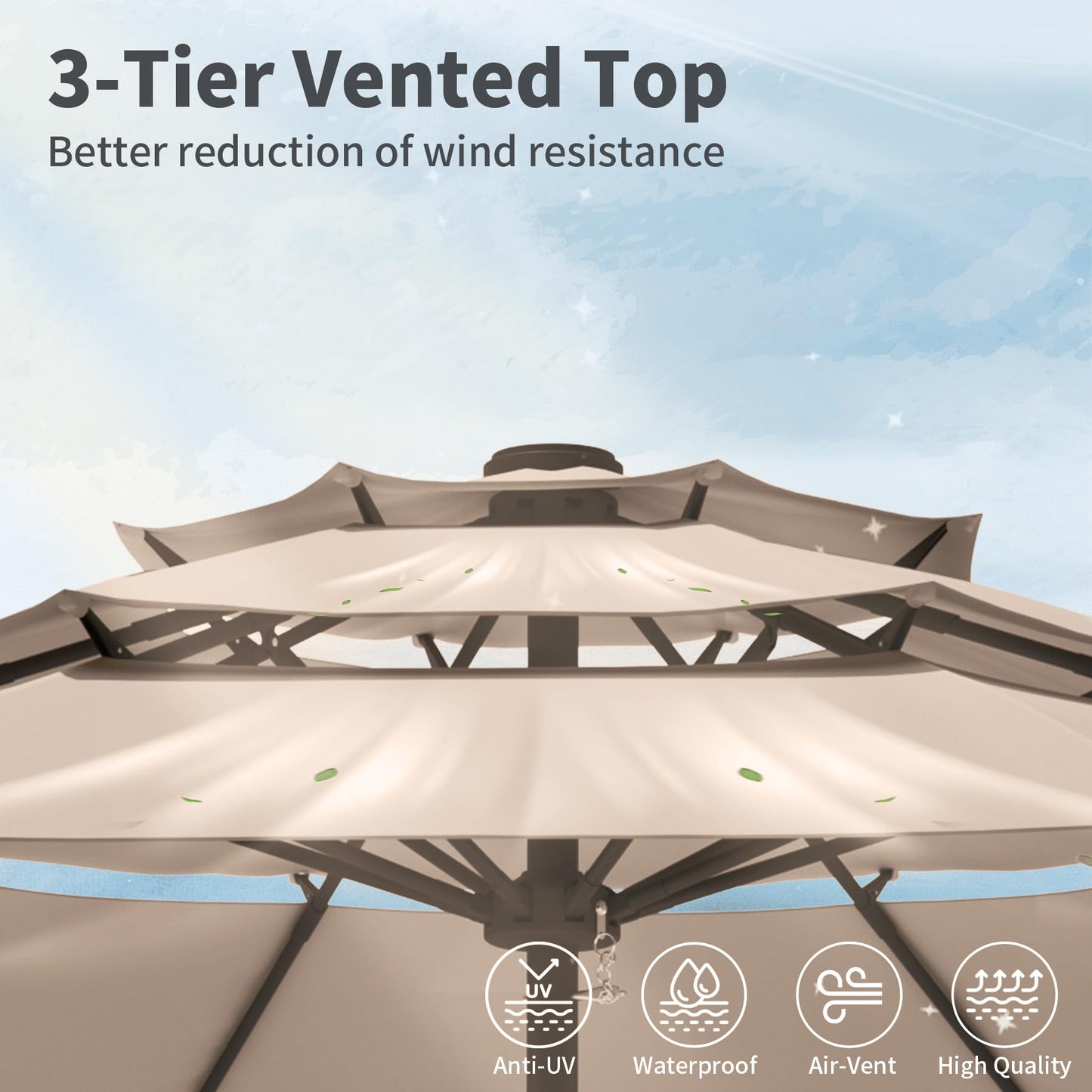 Tobeos 9FT 3 Tiers Patio Umbrella With Auto Tilt And Crank, Outdoor Table Market Umbrella with 8 Sturdy Ribs for Garden, Lawn, Deck, Backyard and Pool (Beige)