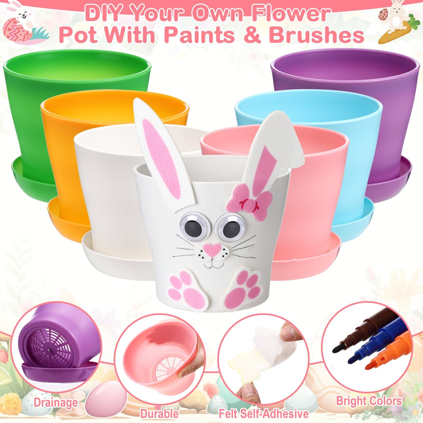 Ferrochef 24 Set Easter Bunny DIY Flower Pots Crafts Bulk Bunny Plant Cute Crafts Pot Graduation Party Favors Spring Decorative Garden Pots DIY Painting Kit Creative Gifts Art Project