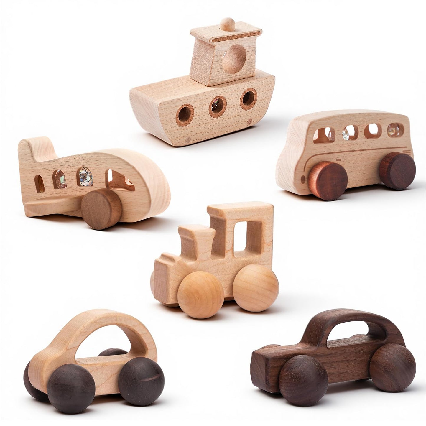 Wooden Toy Car Set for Babies & Toddlers, Montessori Wooden Vehicles with Bus, Airplane & Boat Plus Baby Push Cars, Educational Grasping Toys, Birthday