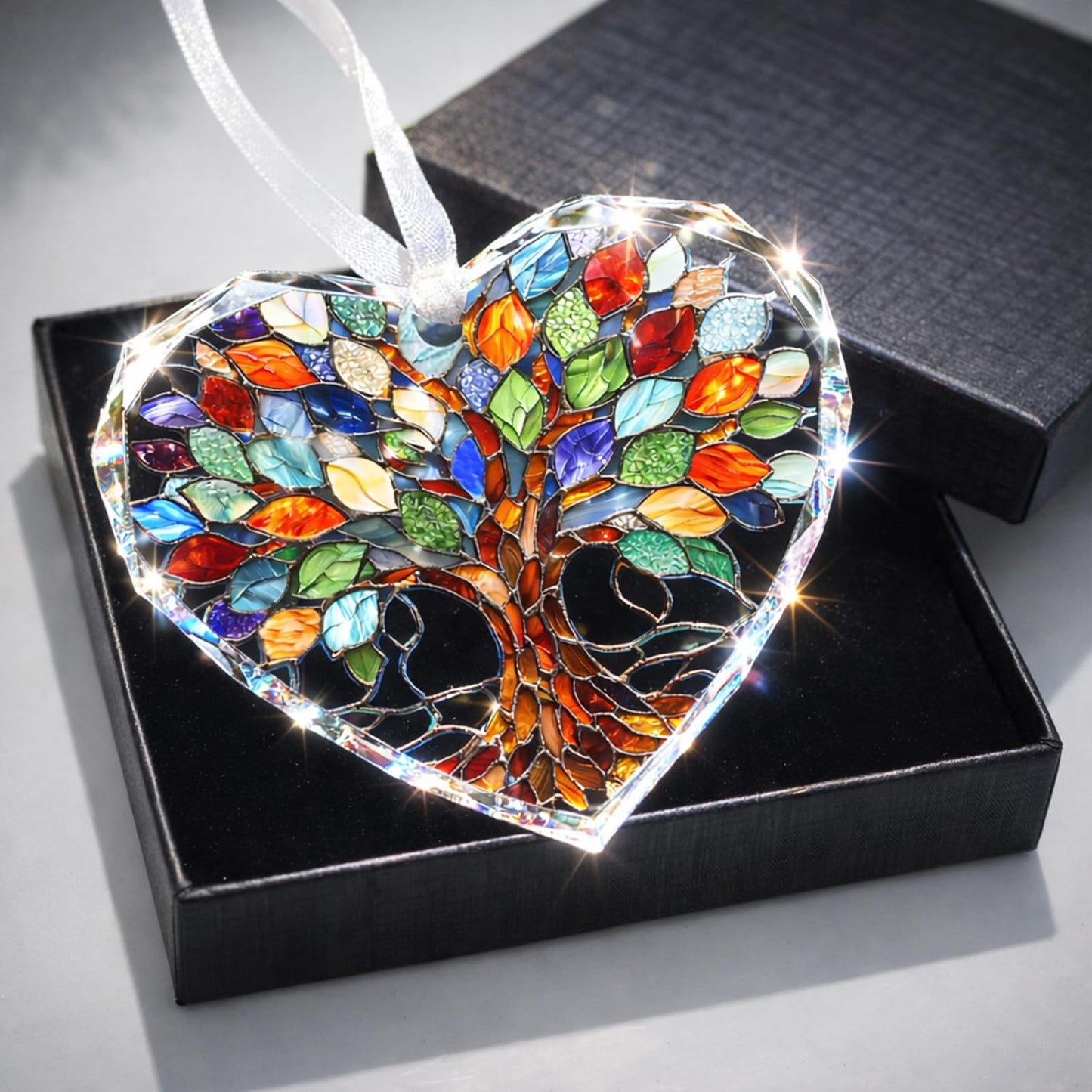 Tree of Life Stained Glass Ornament Christmas Tree Decorations Heart Shape Crystal Ornaments Holiday Presents Idea Car Hanging Ornaments Unique Keepsale for Mom Wife Friend Sister