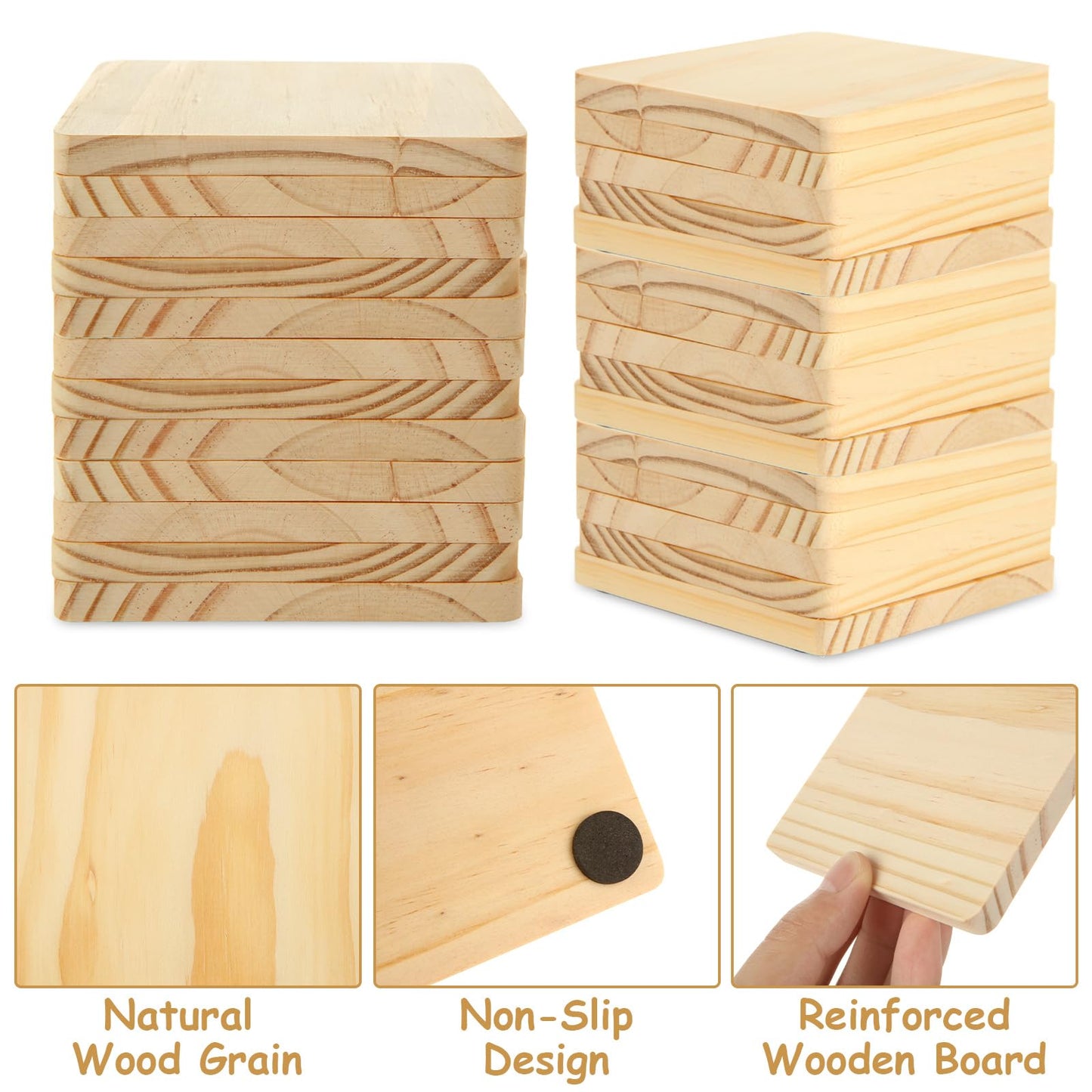 CYEAH 50 Pcs Unfinished Square Wood Coasters, 4 inch Blank Wooden Craft Coasters with Non-Slip Foam Pad Stickers, Wooden Slices for Nature Crafts & Wedding Decoration Painting Wood Engraving