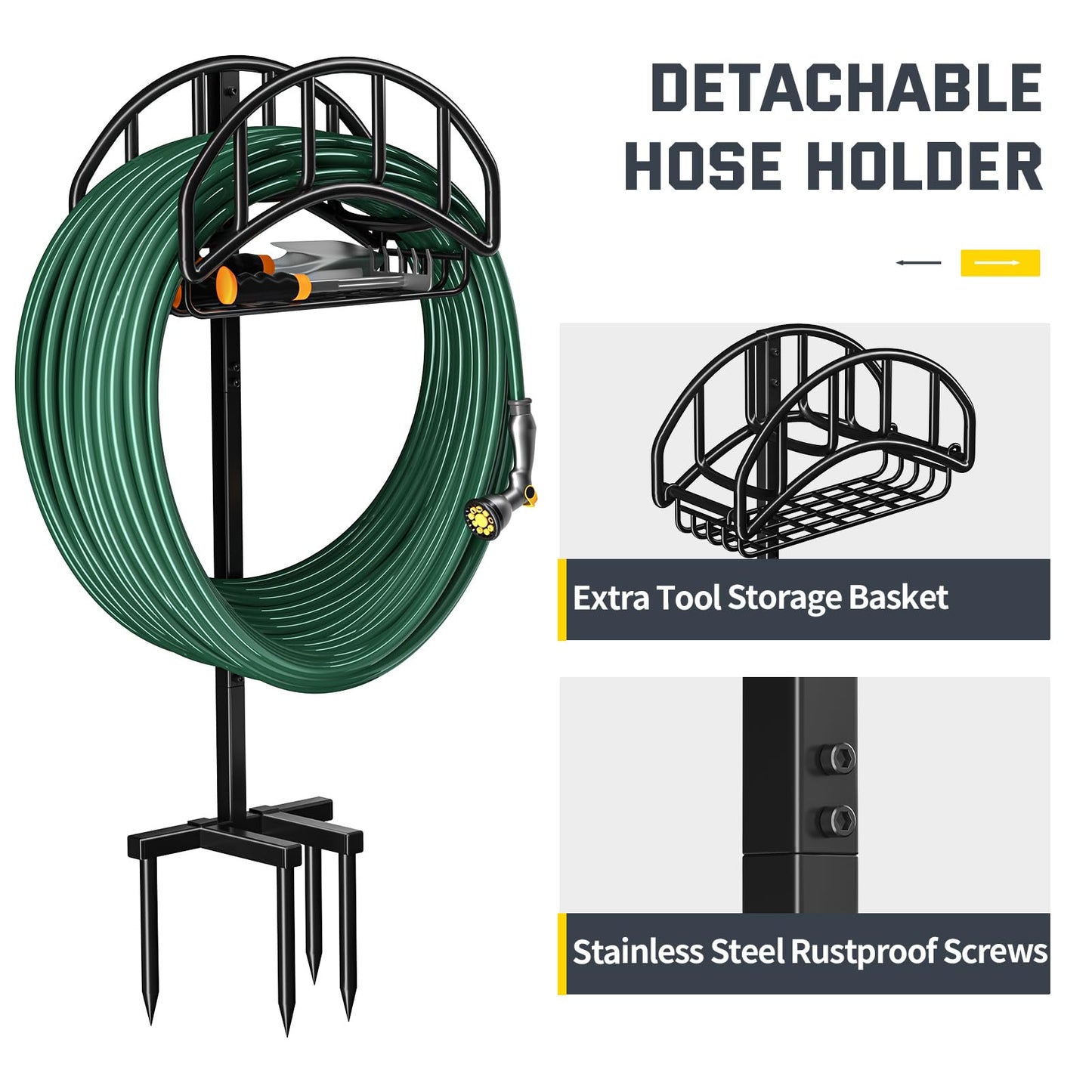 Kesfitt Garden Hose Holder Stand with Tool Storage Basket & 4 Spikes, Detachable Heavy Duty Metal Freestanding Outdoor Organizer for Lawn Yard Water Storage Rack