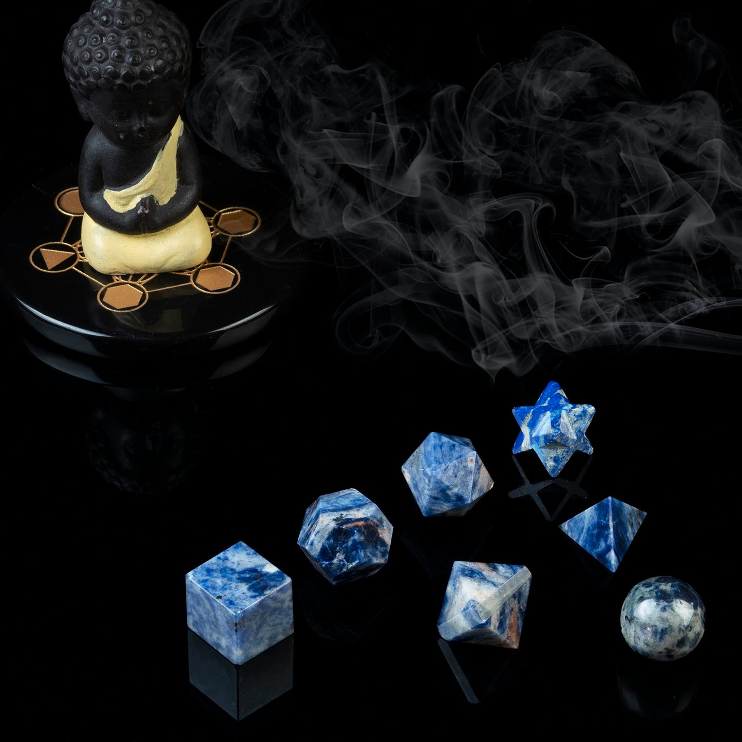 Crocon Sodalite 7Pcs Platonic Solids Crystal Geometry Set, Platonic Solids Sacred Geometric Stones for Meditation Reiki Balancing Healing Chakra Stone Cleansing Spiritual Good Luck (15-20 mm)