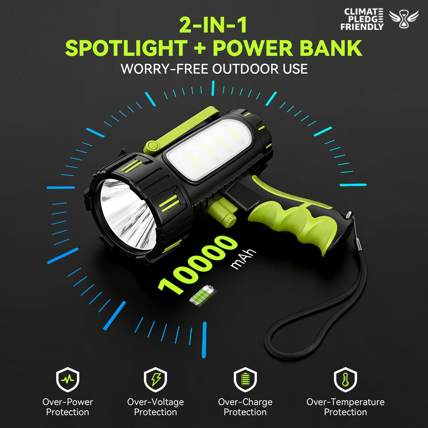 AlpsWolf Rechargeable Spotlight Flashlight, 100000 Lumen Super Bright Handheld Spotlight, IP68 Waterproof Searchlight with Foldable Stand & 3 Color Lens for Camping Hunting Emergency