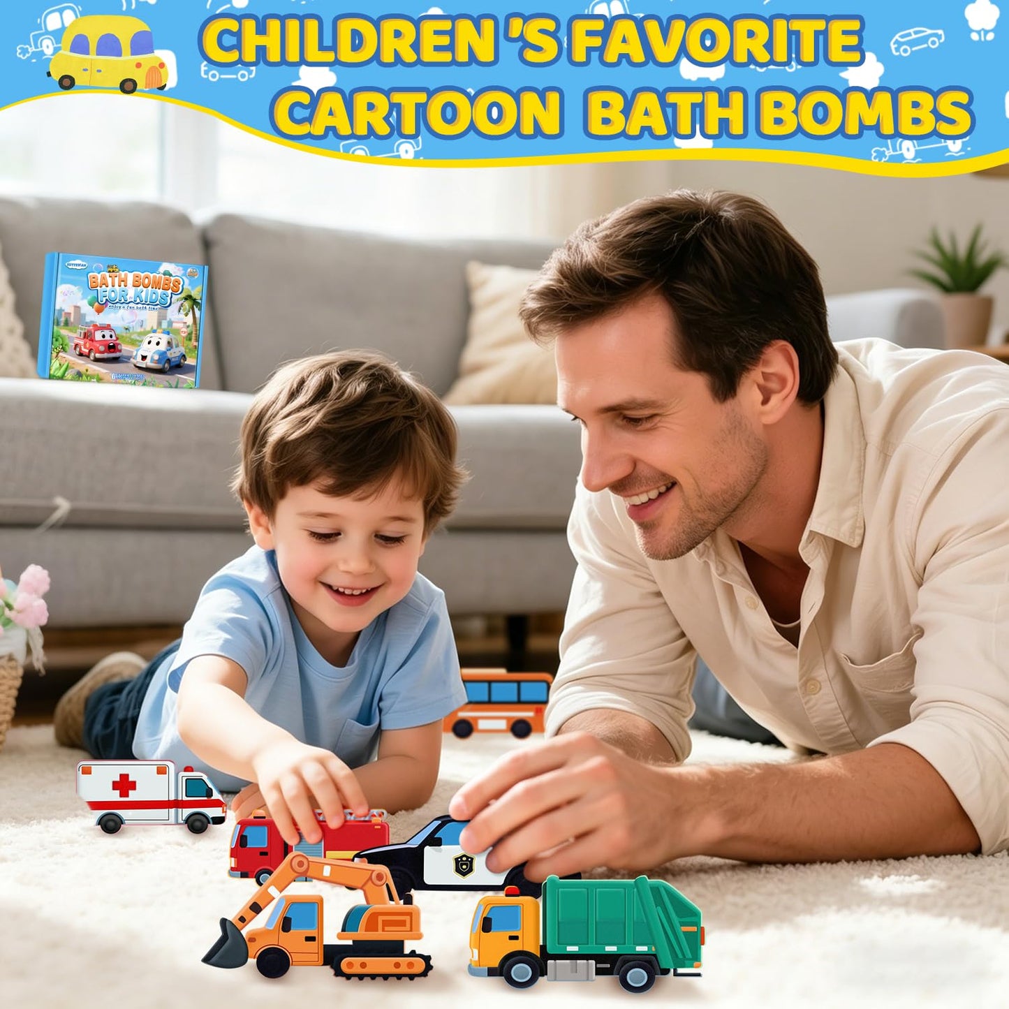 Bath Bombs for Kids, Perfect Mothers Day Gifts for Kids Girls, Handcrafted Car 6 Pack Natural Organic Bubble Bath Bomb Toys, Shaped Like Excavators, Police Car, School Buses, Fire Trucks
