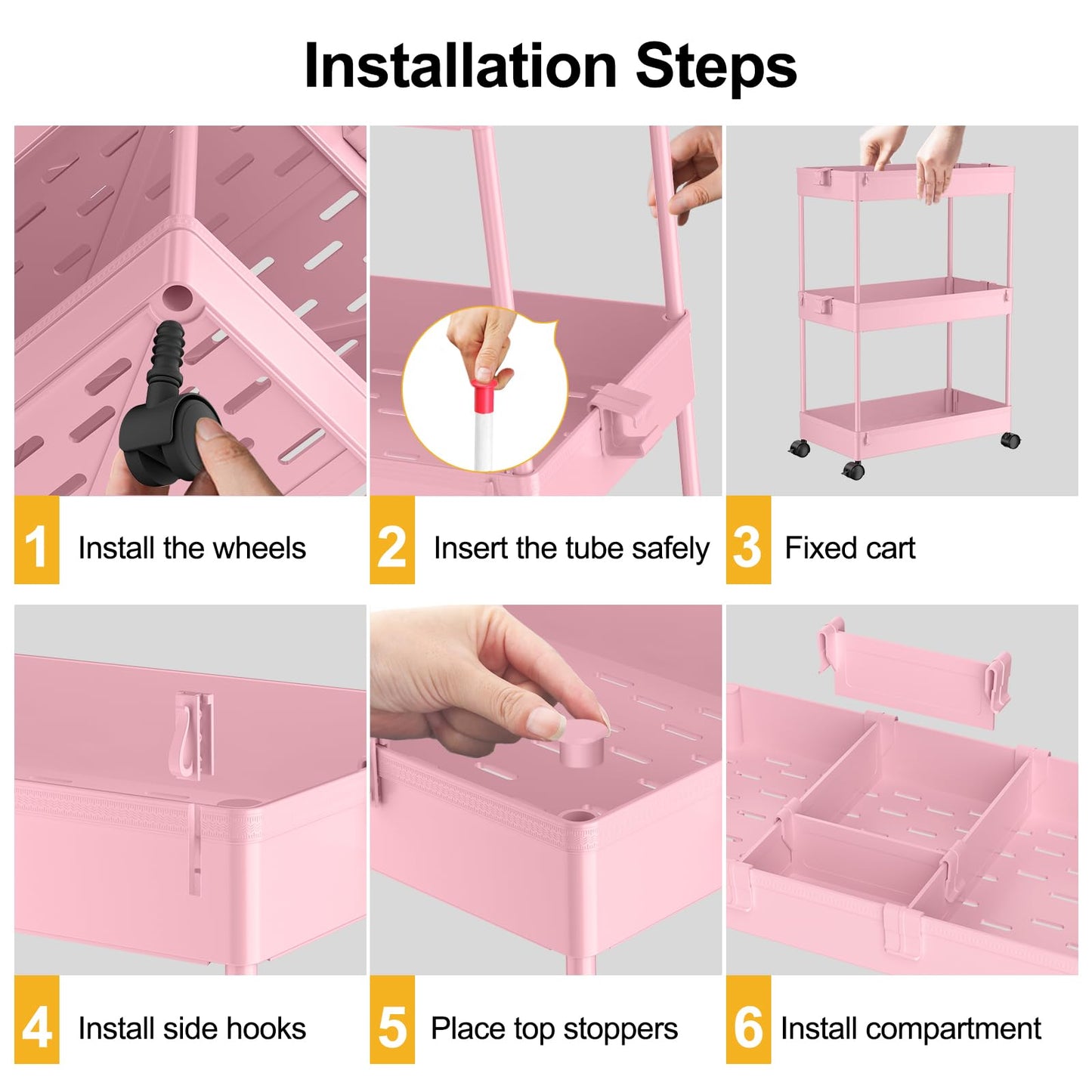 SPACELEAD 3 Tier Rolling Cart with Wheels, Storage Craft Art Trolley Organizer Serving, 3 Hanging Baskets Easy Assembly, for Office, Living Room, Kitchen, Pink