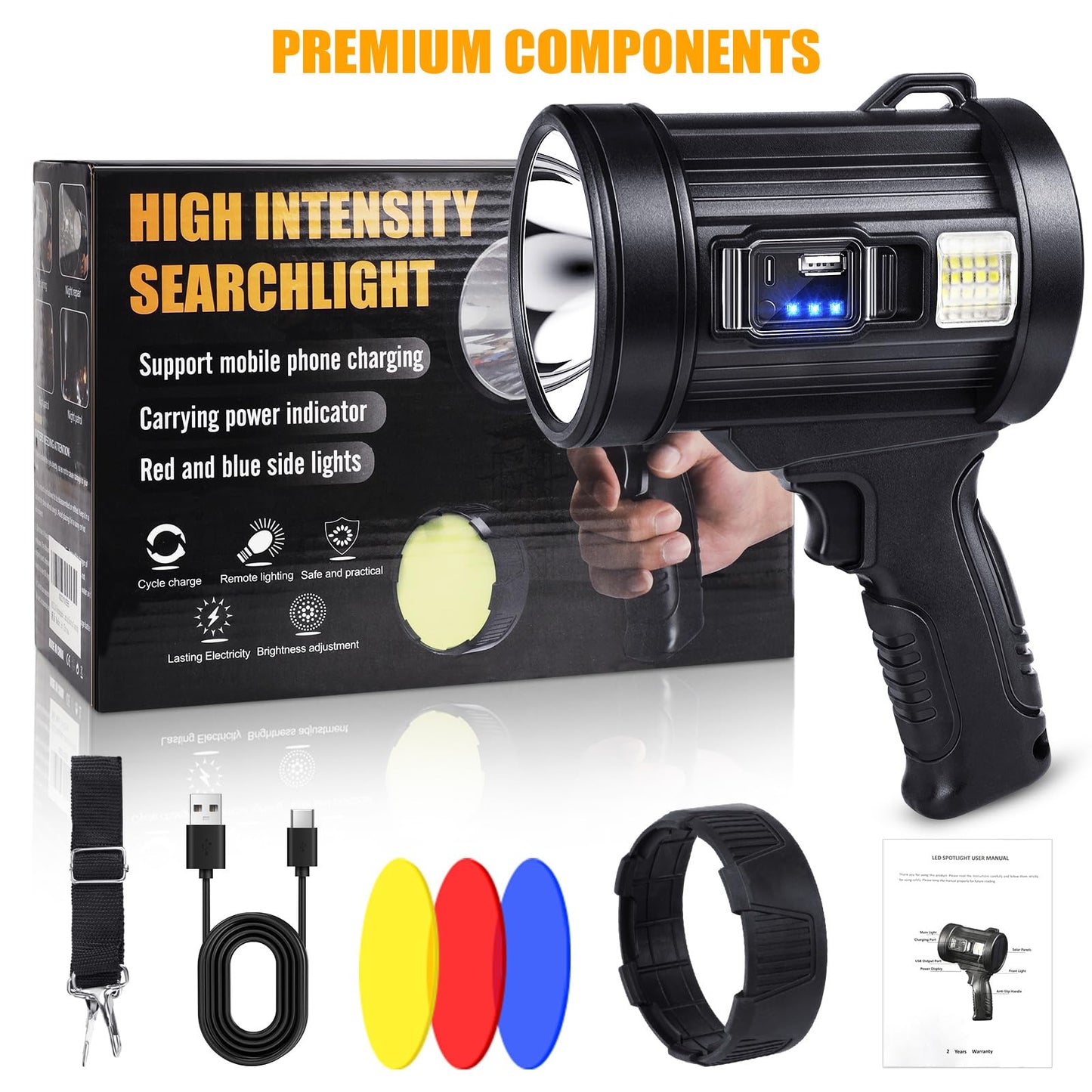 Rechargeable Spotlight, 2000000 LM Super Bright Spotlight Flashlight, Long Running Spot Light Searchlight, Outdoor Handheld LED Flashlight High Lumens with Solar Panels for Hunting Camping Boat