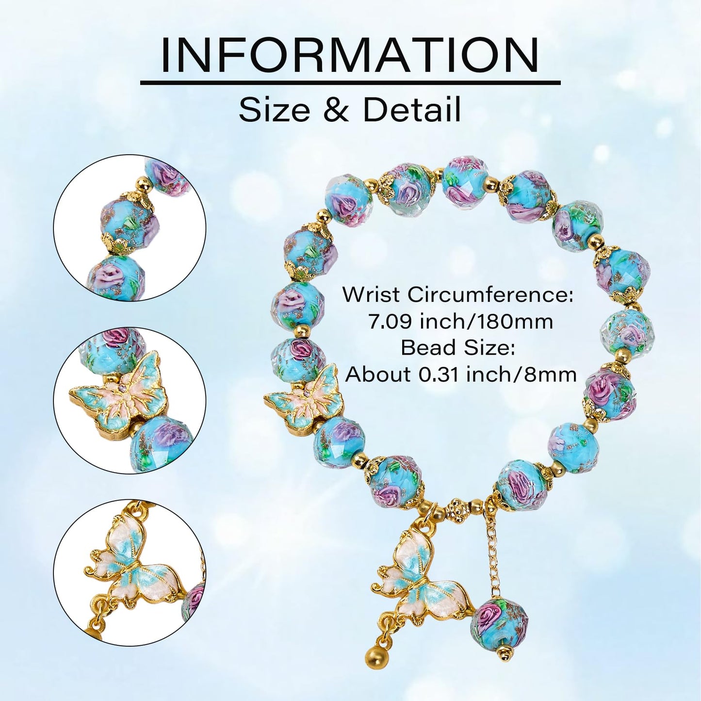 Buddha Stones Blue Butterfly Charm Bracelet for Women, Liuli Flower Healing Bracelet with 8mm Floral Beads, Pastel Stretch Bracelets Jewelry Gifts for Her Mother