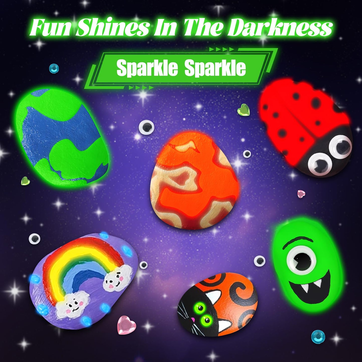 SHENGSEN Glow in The Dark Rock Painting Kit, Rock Art Kit Including 10 Rocks & 10 Stickers for Kids Ages 6-12, Rocks Painting Bulk Stones for Arts & Crafting Gift