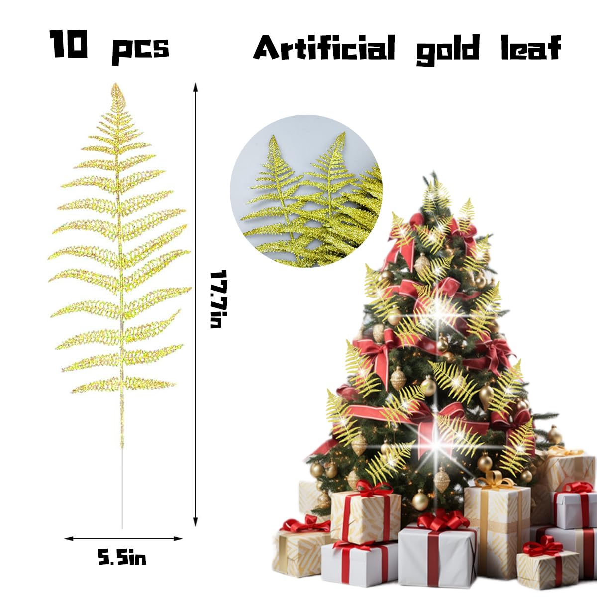 Tyoxlo 10PCS Artificial Gold Leaf Fake Leaves Glittering Gold Flowers Fake Foliage Gold Ornaments for Christmas Tree Christmas Picks Gold Decor Wreath Decorations(Gold)