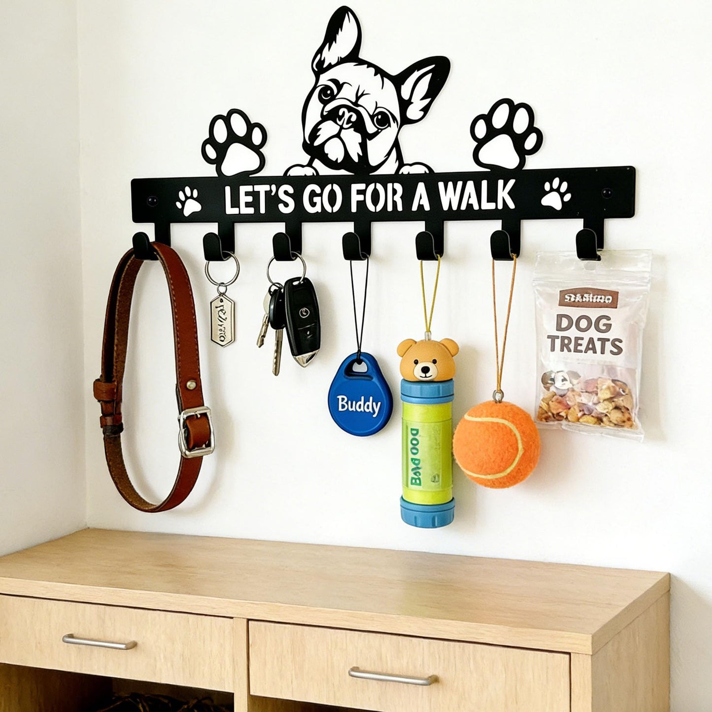Zckjnoi French Bulldog Leash Holder for Wall, Entryway Key Rack, Wall Key Holder & Key Hanger, Black Dog Leash Hooks for Front Door, French Bulldog Decor Accessories Gift, Dog Storage