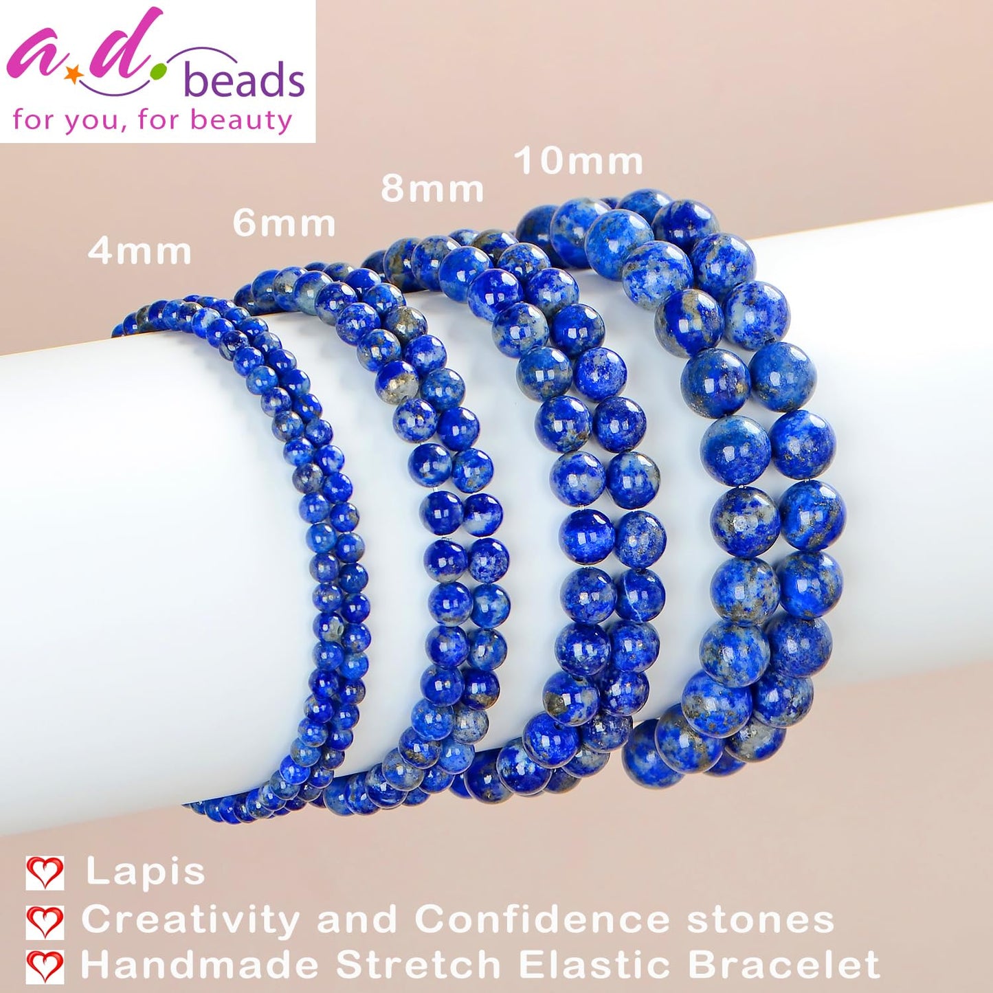 AD Beads Handmade Gemstone Stretch Elastic Bracelet Crystal Healing Reiki Nature's Beauty and Spiritual Essence Unisex (6mm, Lapis Lazuli)