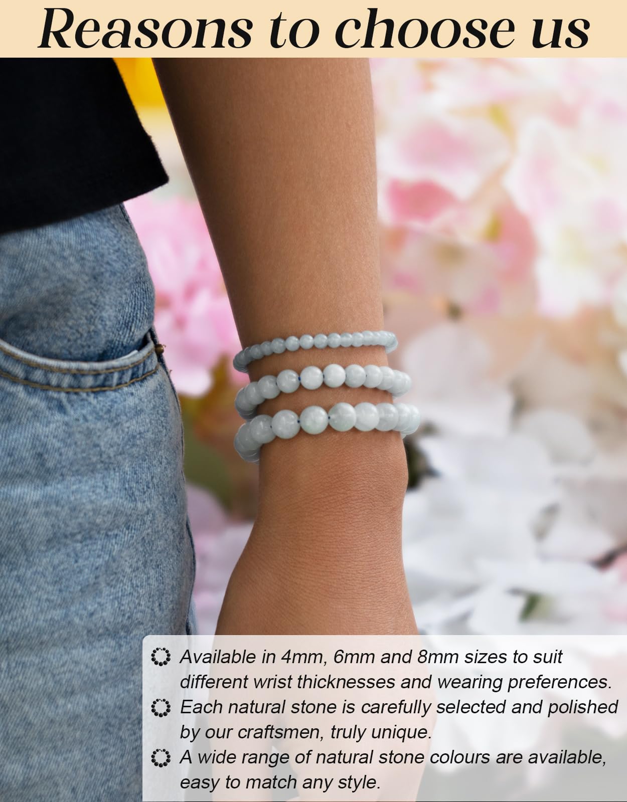 Landorilo Beaded Bracelet for Men Women, 8mm Natural Stone Aquamarine Healing Crystal Stretch Bracelets, Ideal Christmas Birthday Jewelry Gifts with Energy Card，Replacement Beads Included