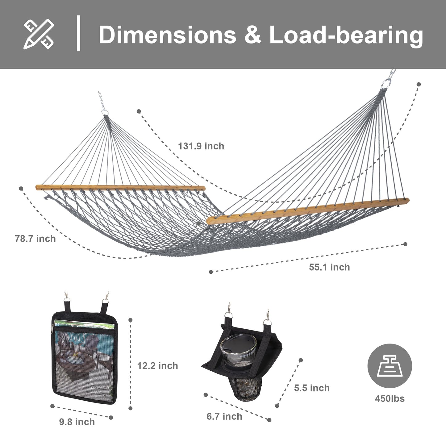 SUNCREAT Double Outdoor Hammock, Polyester Rope Hammock with Strong Spreader bar, Gray