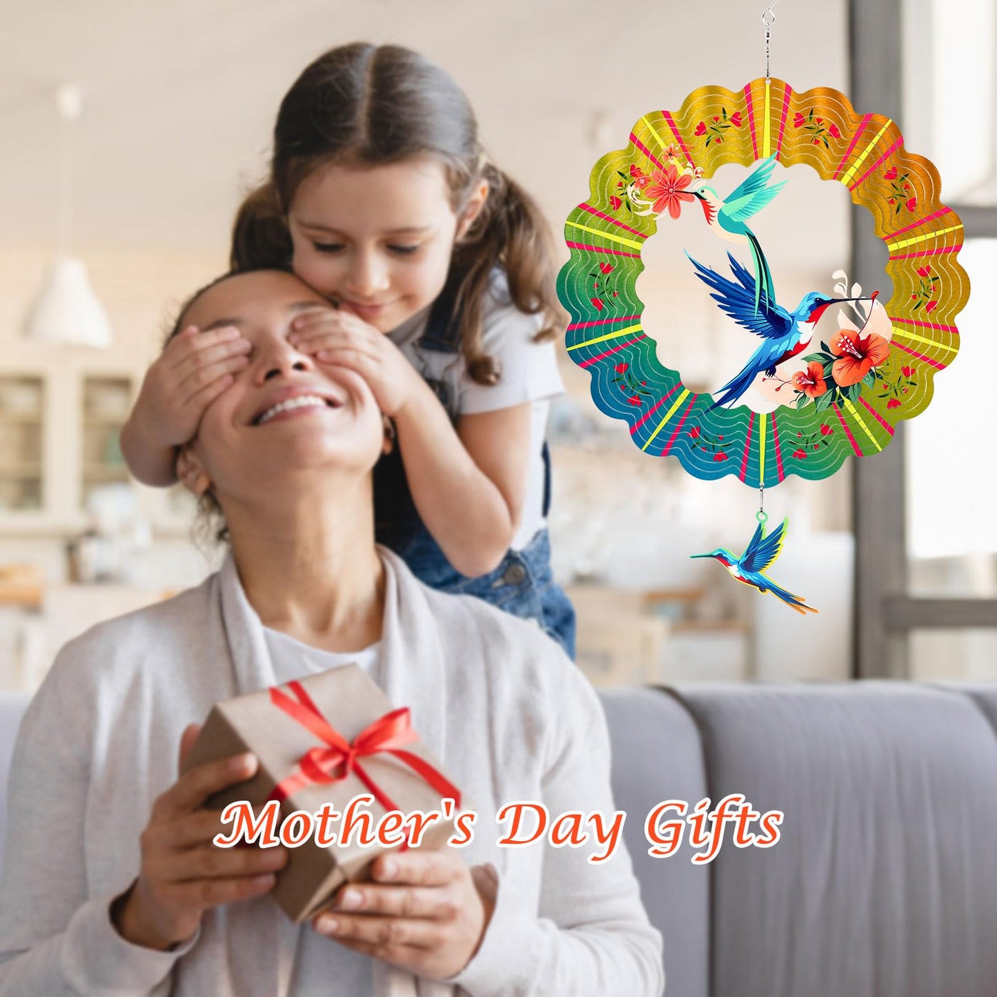 Hummingbird Metal Wind Spinners, Hummingbird Gifts for Mothers Day Women Mom Grandma Wife Men, 12 inch 3D Stainless Steel Hanging Wind Spinner for Outdoor Indoor Yard Art Garden Christmas Decorations