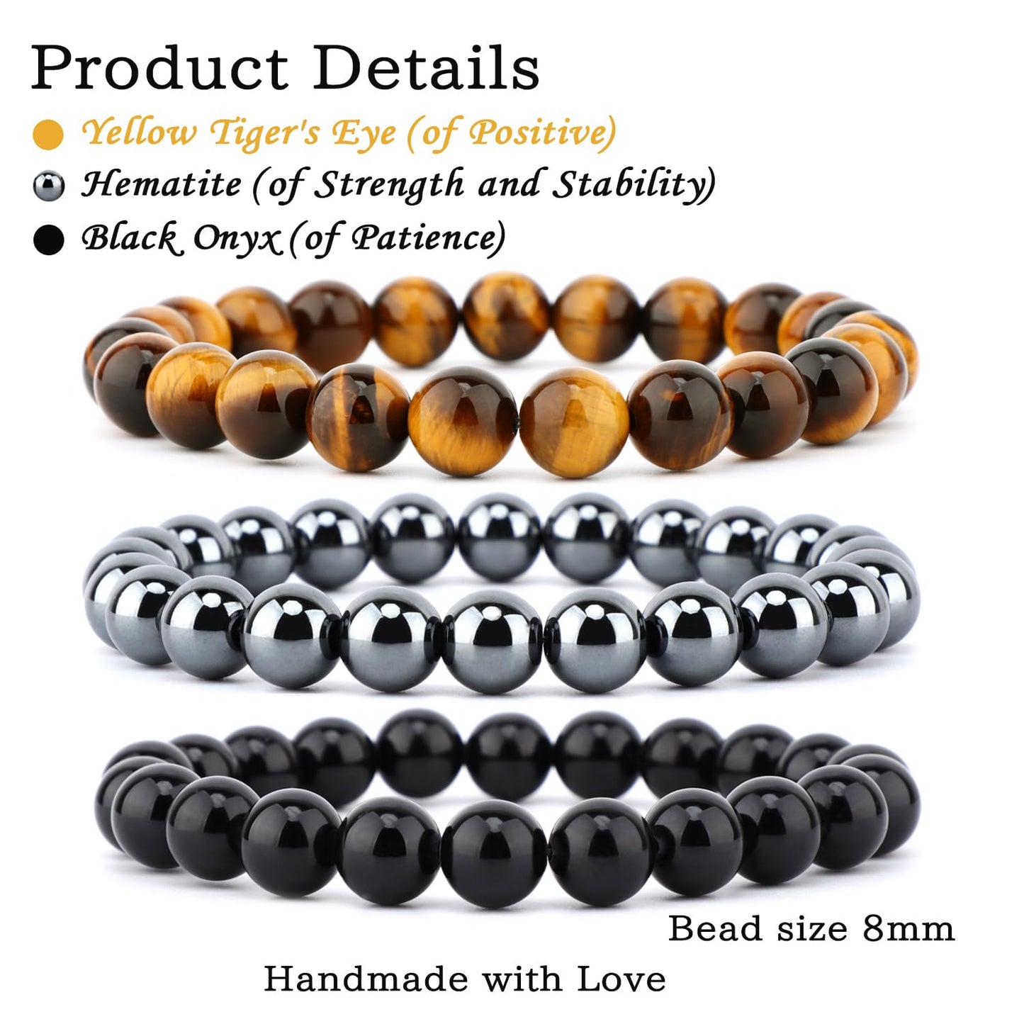 CMBYN 3-Pieces 8mm Natural Crystal Gemstone – ﻿Black Onyx, Hematite, Yellow Tiger's Eye Handmade Reiki Energy Healing Stretch Bracelets Jewelry for Yoga, Meditation, Unisex