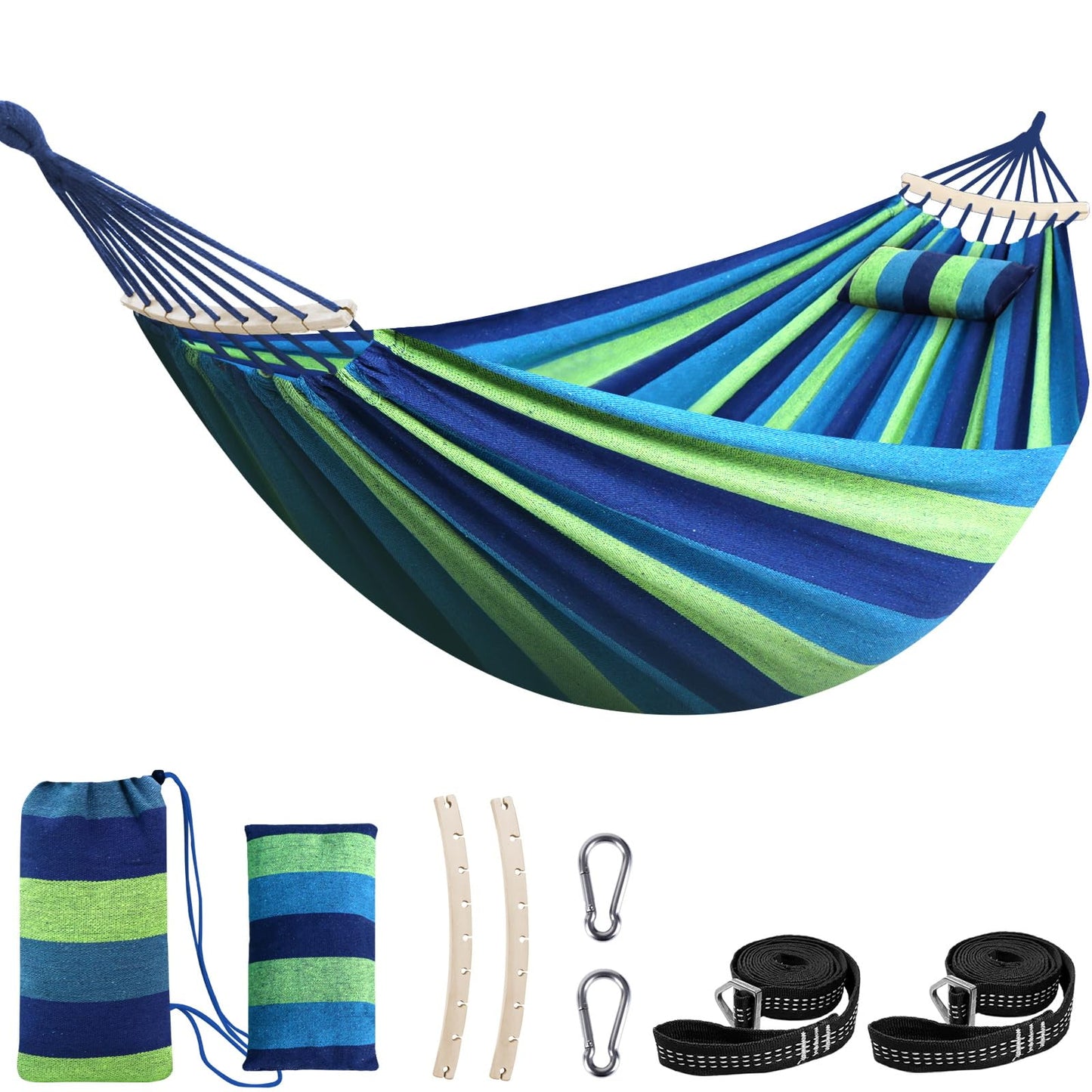 Chihee Cotton Hammock Holds Up to 660lbs Fabric Hammock 8.9x4.9ft Soft Portable Tree Hammocks Camping with Detachable Spreader Bar Pillow 2 Strong Webbings 2 Carabiners Indoor Outdoor Backyard Garden