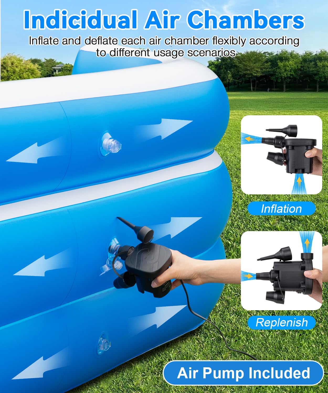 Large Inflatable Swimming Pool - 120" x 85" x 26" Blow Up Pool for Adults and Kids with Seat & Air Pump, for Backyard Lawn Indoor Outdoor Use