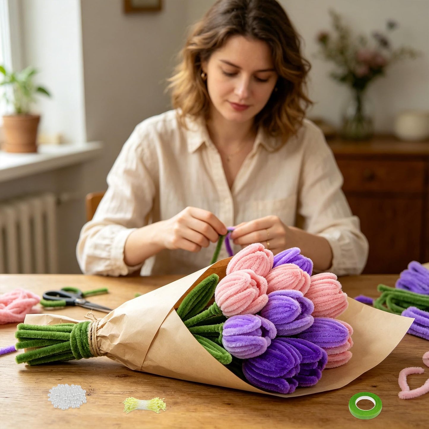 CHRORINE 320 Pcs Pipe Cleaners Bulk Pipe Cleaner Flower Kit Craft Supplies Soft and Flexible Creative Suitable for Art DIY Packaging and Decoration- Purple, Light Purple, Pink, Dark Green