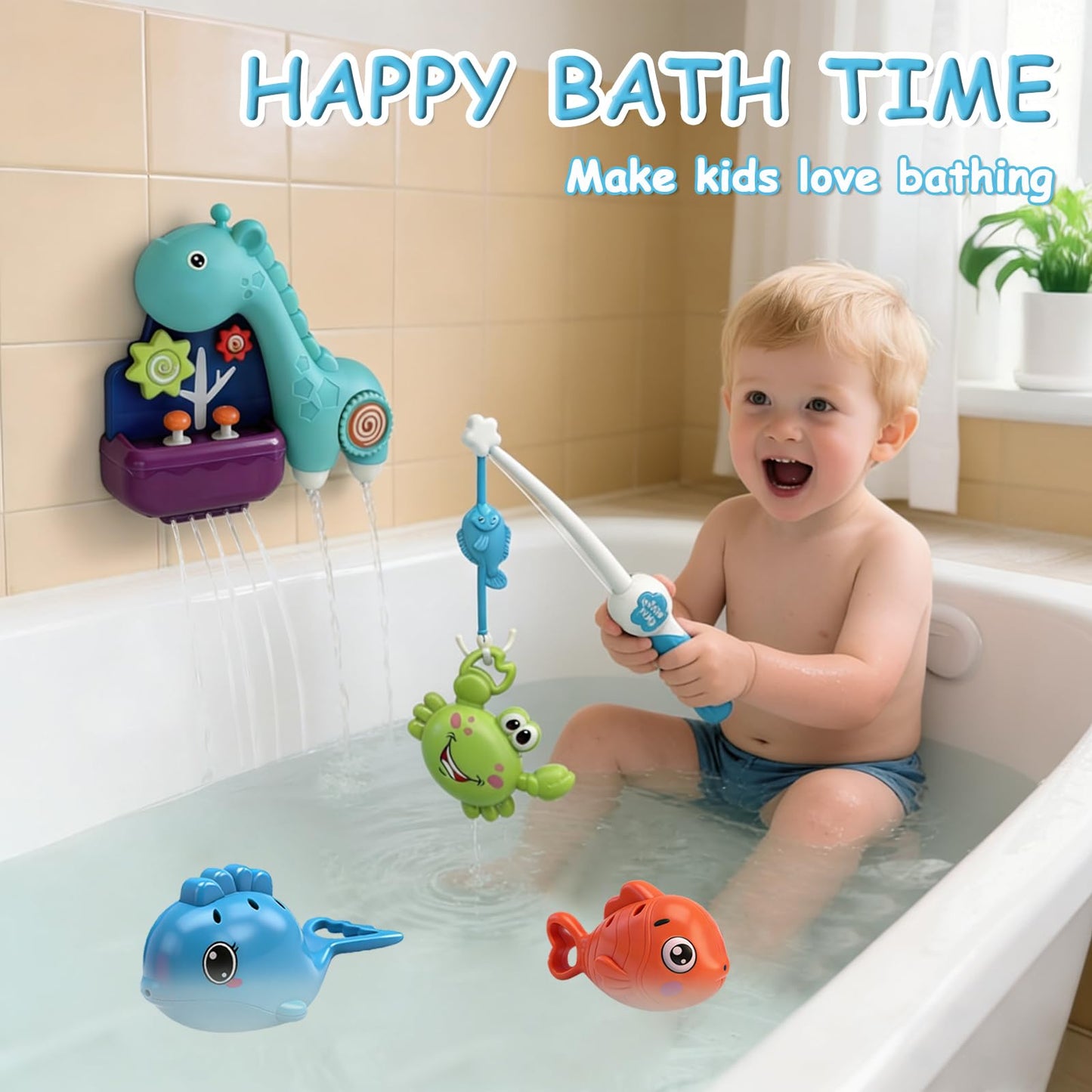 Uermis Baby Bath Toys for Toddlers Ages 18+ Months, Cute Giraffe Interactive Toddler Bathtub Toys with Fishing Pole and Water Spraying Animals, Ideal Baby Bath Time Gift for Boys Girls
