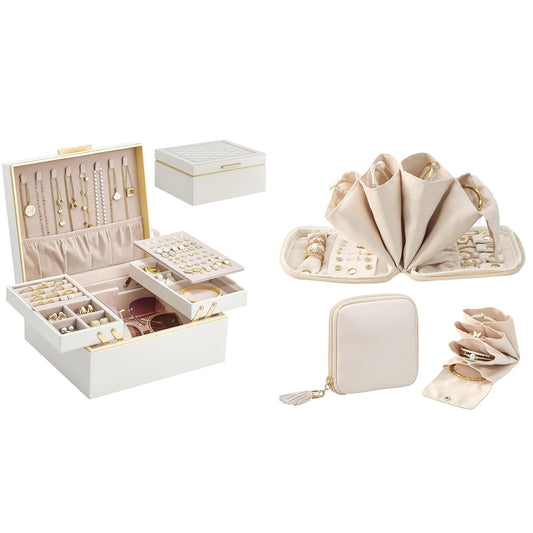 Lolalet Cream 2 Layer Jewelry Box Organizer and Cloud White Travel Jewelry Case Organizer Bundle, Jewelry Storage and Travel Solution