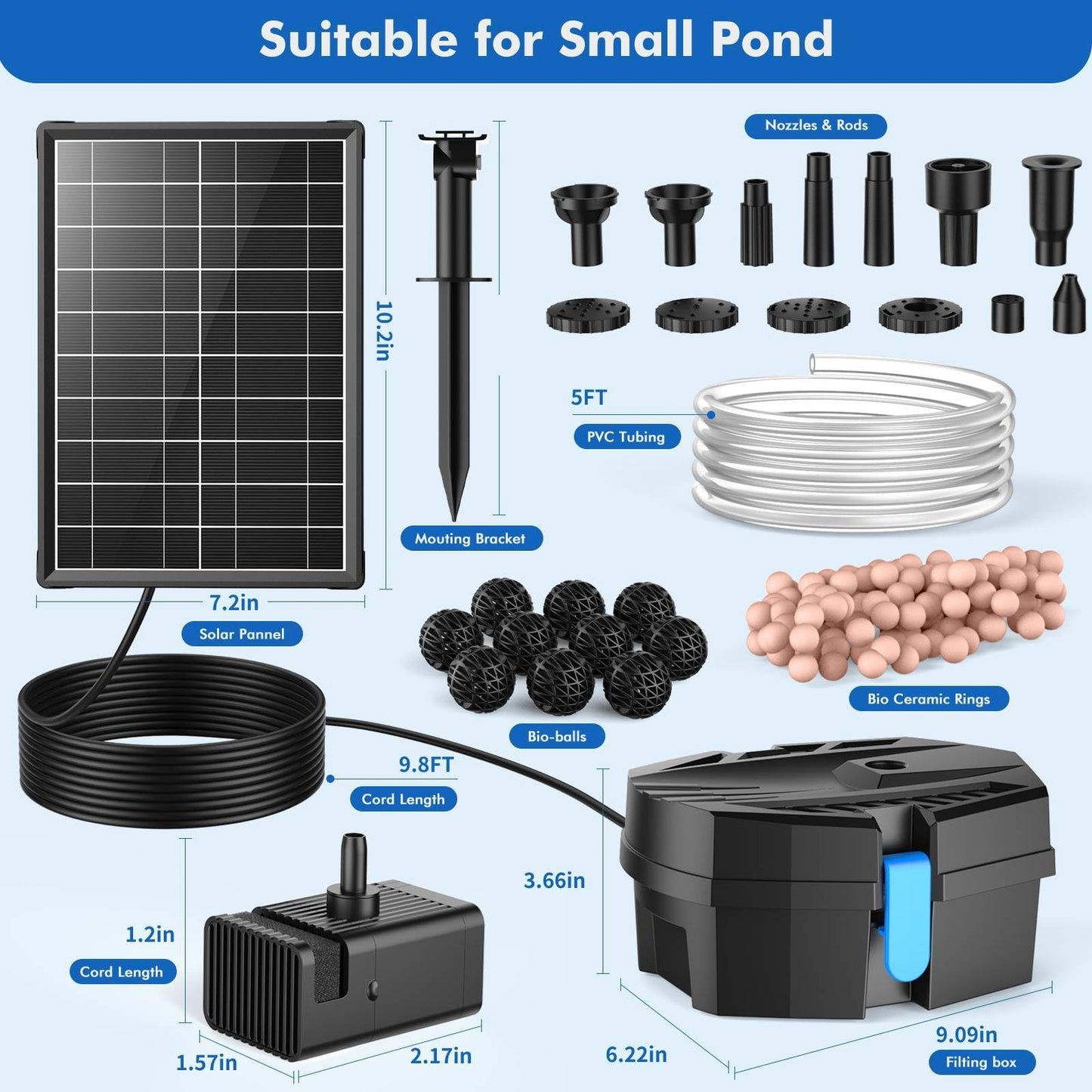 POPOSOAP Solar Pond Filter with Fountain Pump Kit, 8W Solar Water Fountain Pump, Solar Pond Pump for Outdoor Pond BirdBath Fountain Waterfall DIY Water Feature-P3081